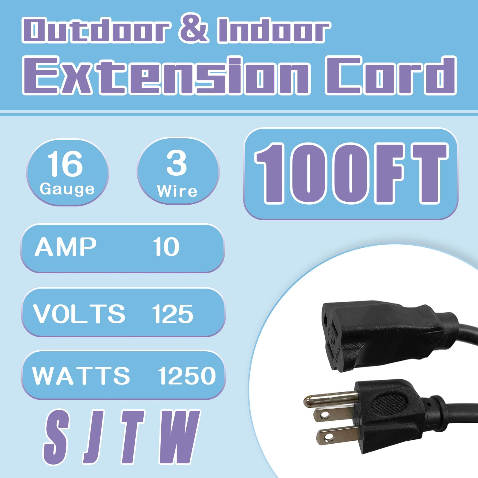 Greatide Indoor Outdoor Extension Cord 100 Ft, 16/3 Sjtw Weatherproof Black Electrical Cords, 13 Amp Heavy Duty 3 Prong Power Ca
