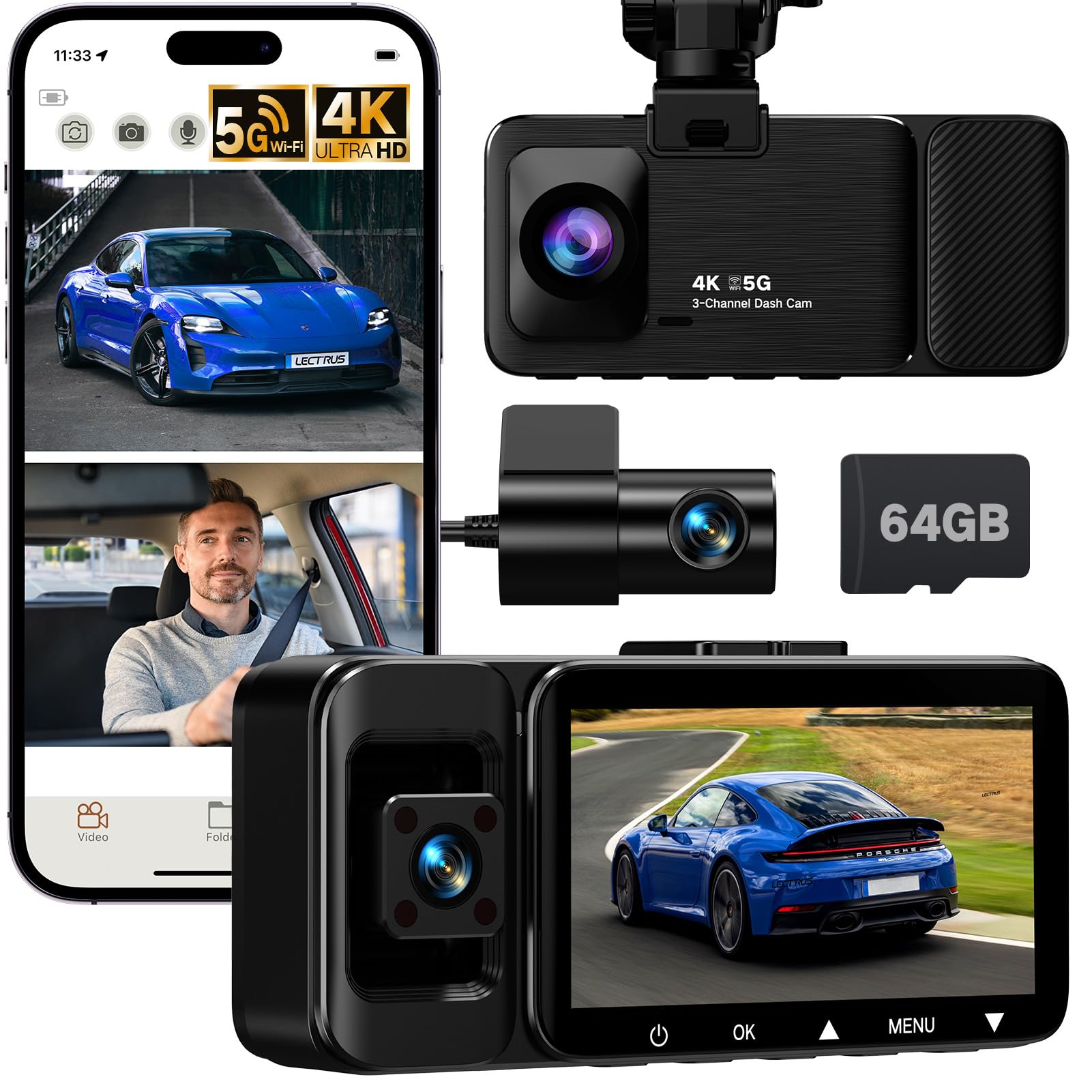 LECTRUS 4K Dash Cam Front and Rear Inside, 3-Channel Cars Camera Dash with 170 Wide Angle, Free 64GB SD Card, 5.8GHz WiFi, Night