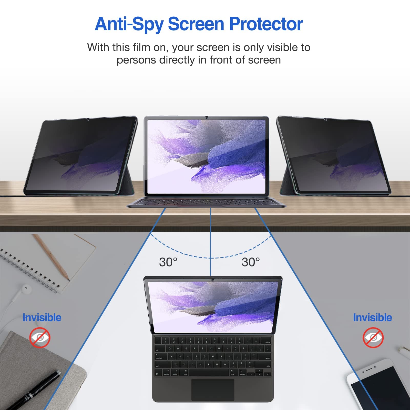 ProCase Anti-Spy Tempered Glass Privacy Screen Protector for Galaxy Tab S10 Plus/S9 FE Plus/S9 Plus/S8 Plus/S7 FE 12.4 Inch - Black