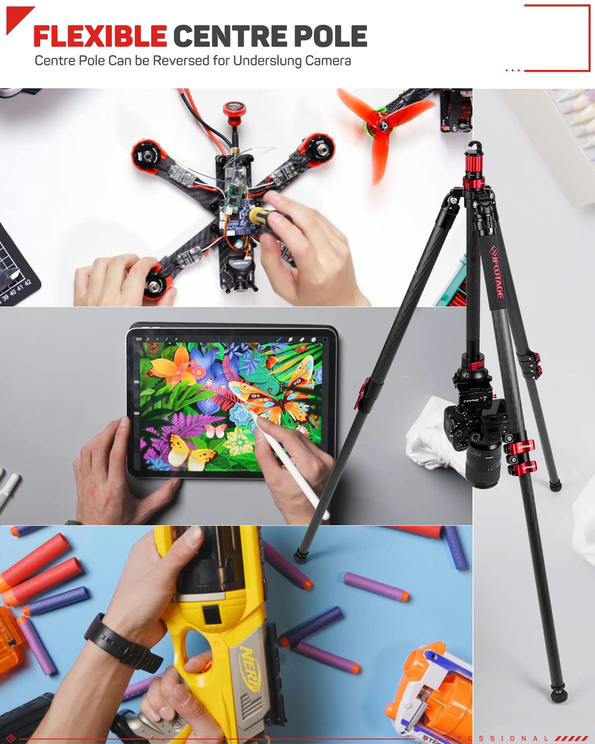 Ifootage 65'' Carbon Fiber Video Tripod, Professional Camera Tripods 3 Sections With Centre Pole,Max Load 17.6 Lbs, Compatible W