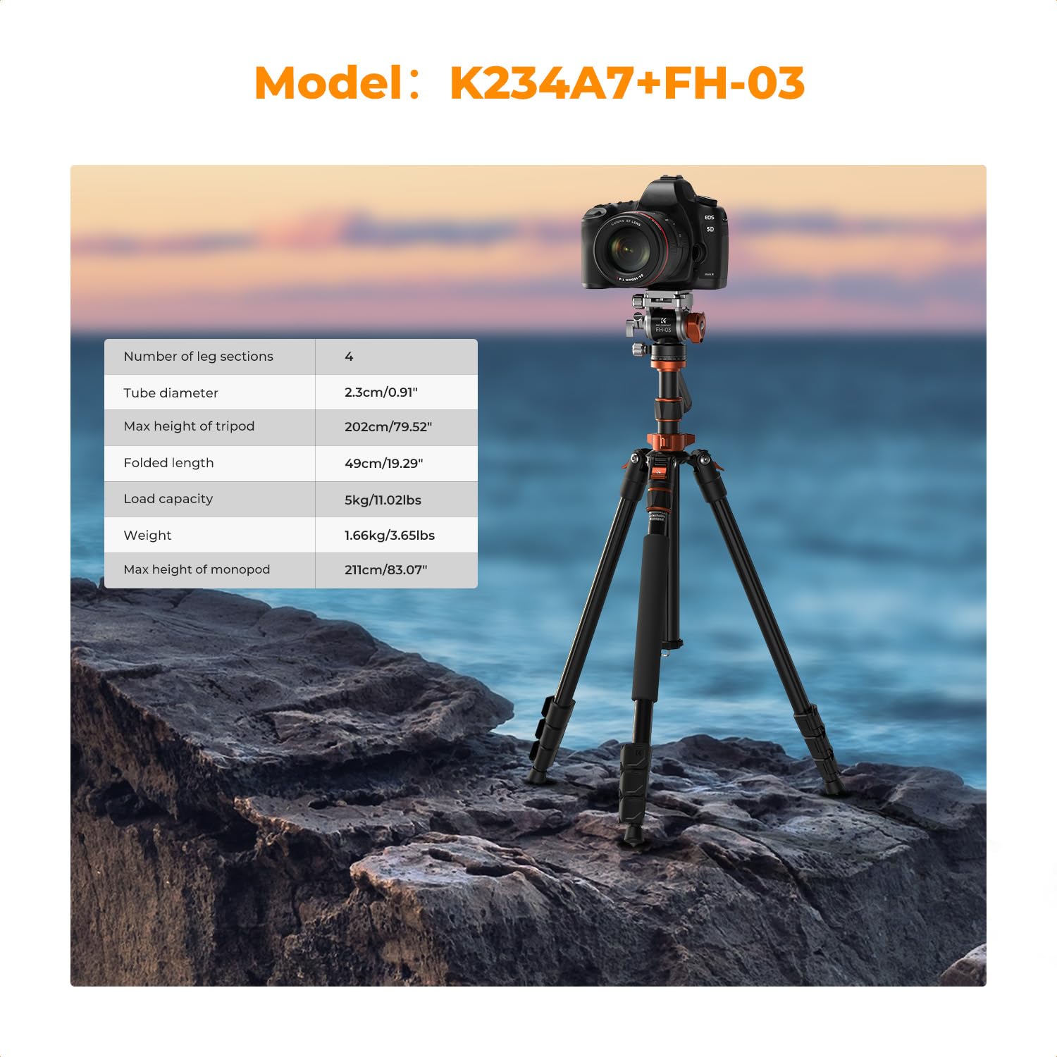 K&F Concept 83 Inch/211Cm Camera Video Tripod For Dslr Compact Aluminum Tripod With Fluid Head And 5Kg Load For Travel And Work K234A7+Fh 03