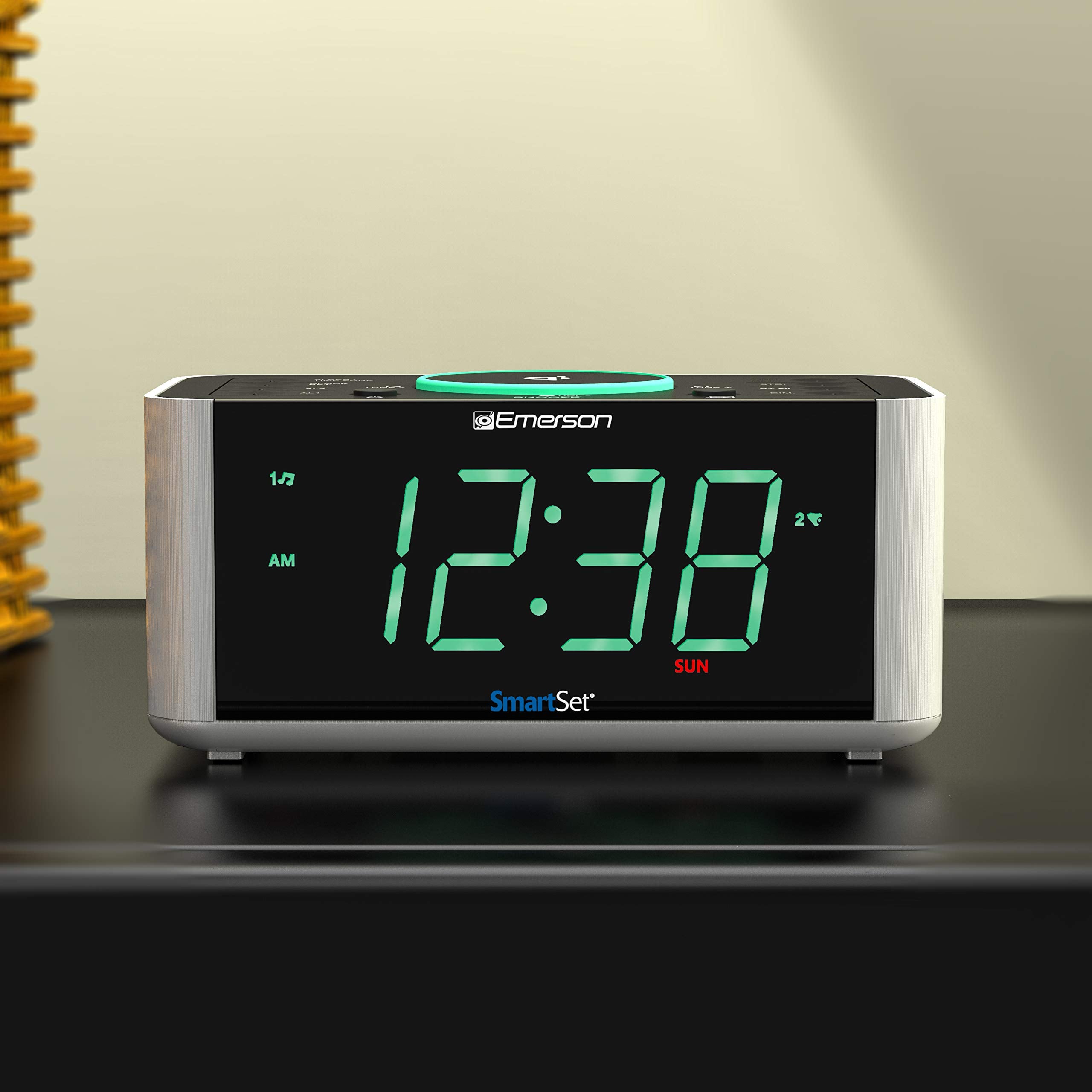Emerson Smartset Dual Alarm Clock Radio And Qi Wireless Phone Charger With Bluetooth, All Qi Compatible Phones, Er100202