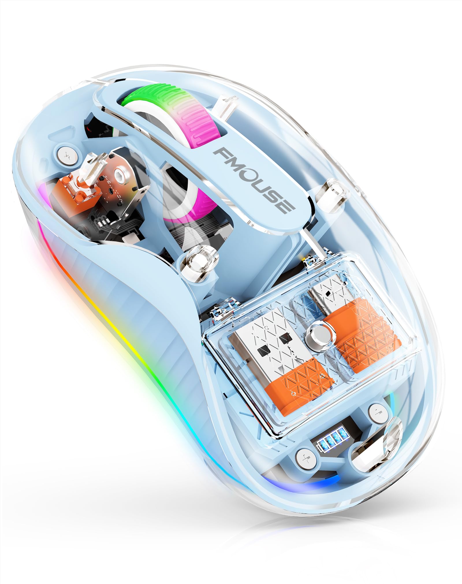 Fmouse Unique Transparent Bluetooth Mouse With Usb & Type C Two Receiver, Small Portable Wireless Rechargeable Mice For Macbook/