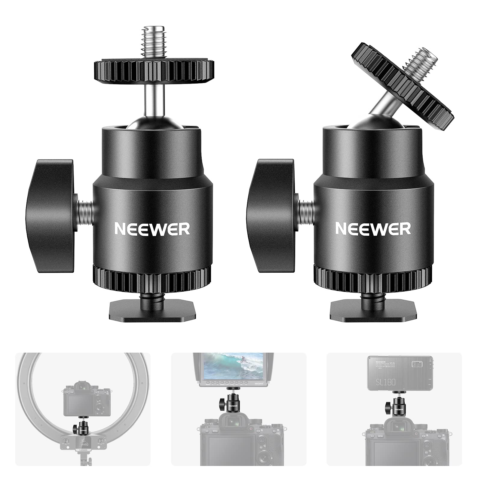 Neewer Mini Ball Head With Cold Shoe & 1/4    Screw, 2 Pack, 360 Swivel 90 Tilt Ballhead Camera Mount Hot Shoe Adapter For Camer