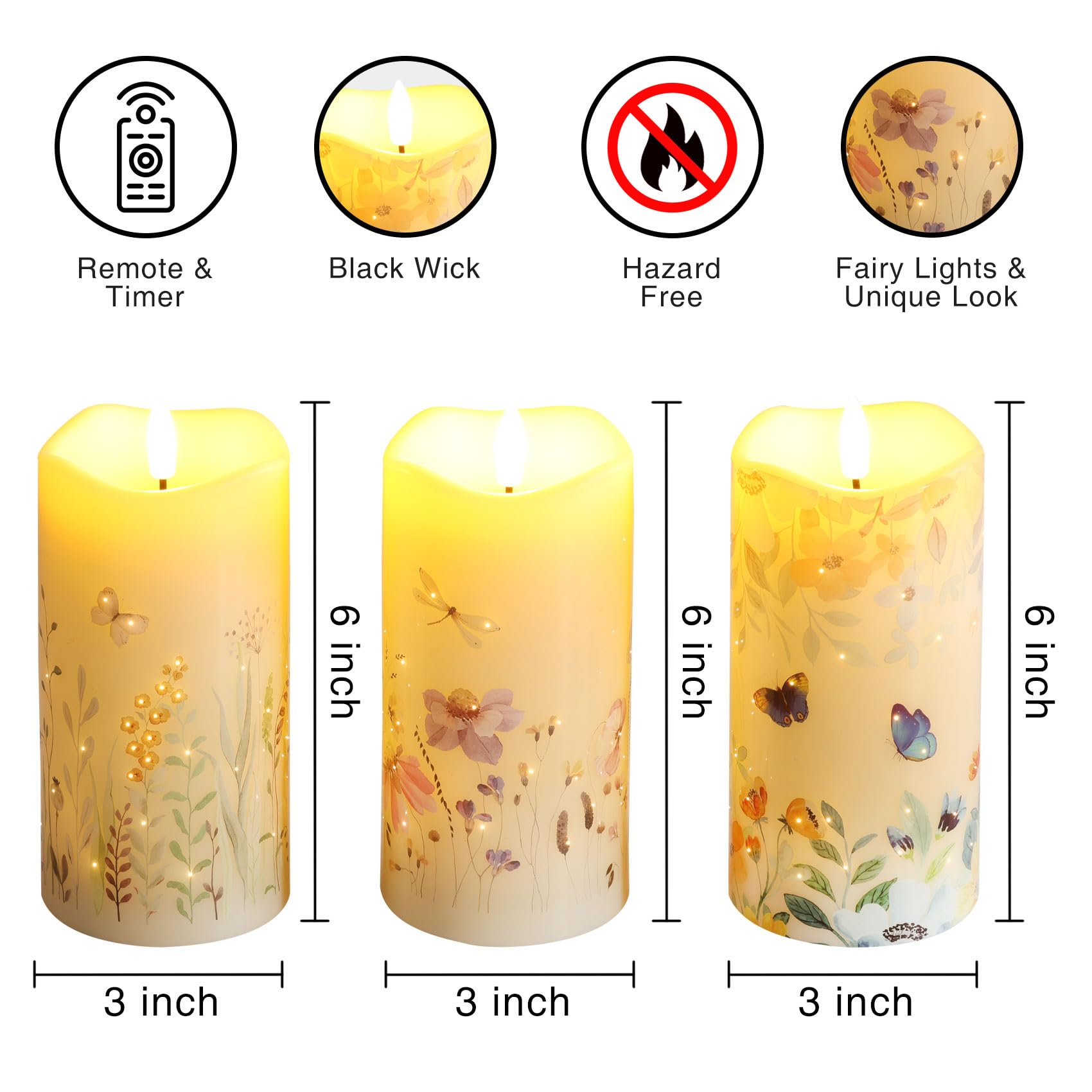 Eywamage Fiber Optic Candles Set Of 3, Butterfly Floral Flameless Pillar Candles With Remote, Flickering Battery Candles F 3'' H