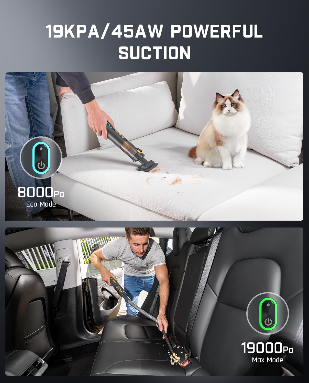 Fanttik V8 Apex Car Vacuum - 4-in-1 Portable Cordless Vacuum, 19000pa Suction, Type-C Charge, Handheld, Gray