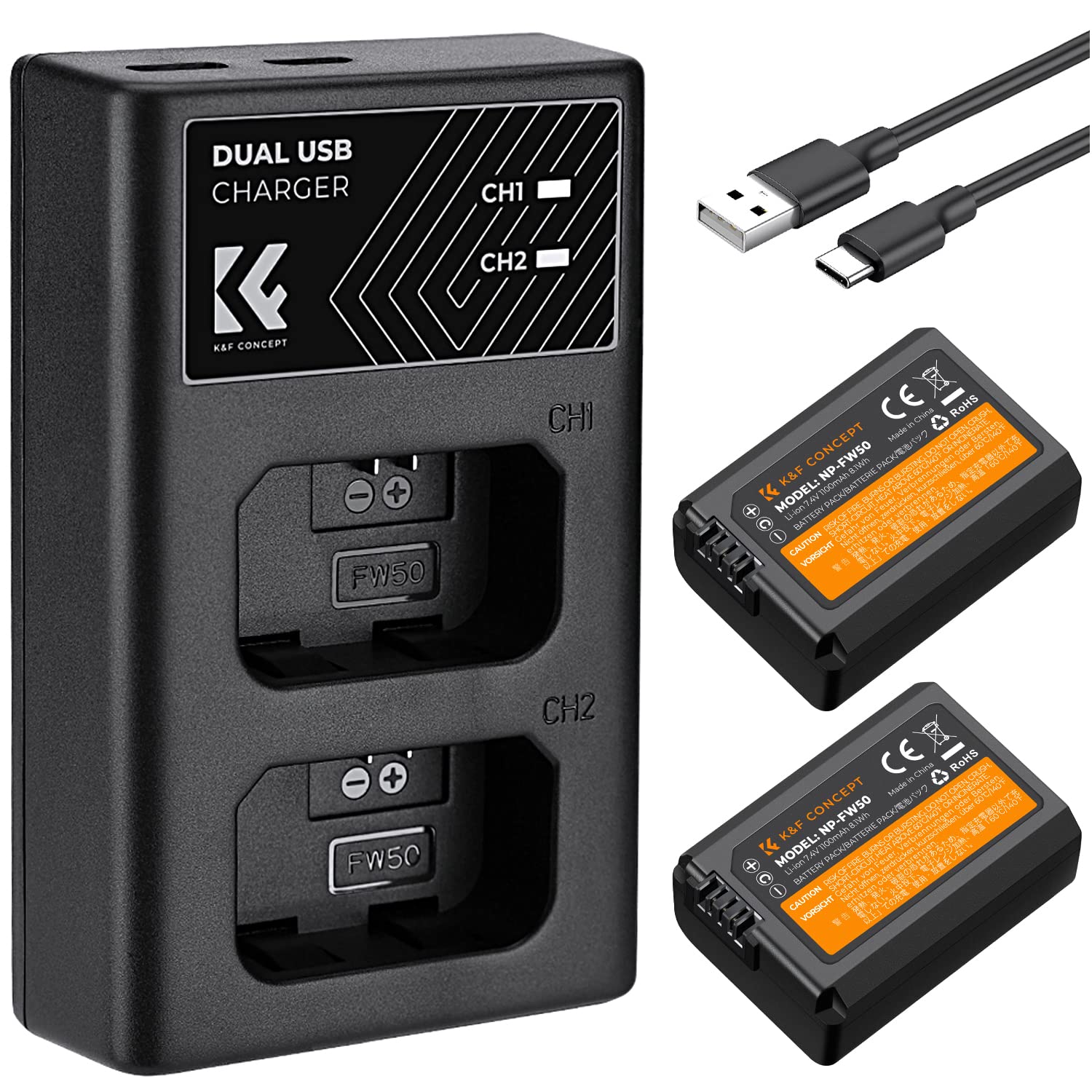 K&F Concept Np Fw50 Battery Charger Set With Dual Slot Charger For Sony Zv E10, A7, A7Ii, A7Rii, A7Sii, A7S, A7S2, A7R, A7R2, A5
