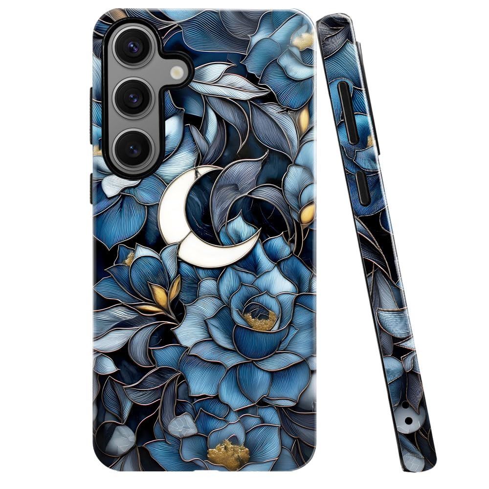 Case for Samsung Galaxy S24 Plus,Stained Glass Floral and Moon Phone Case Military-Grade Drop Protection Cover for Women Girl - 