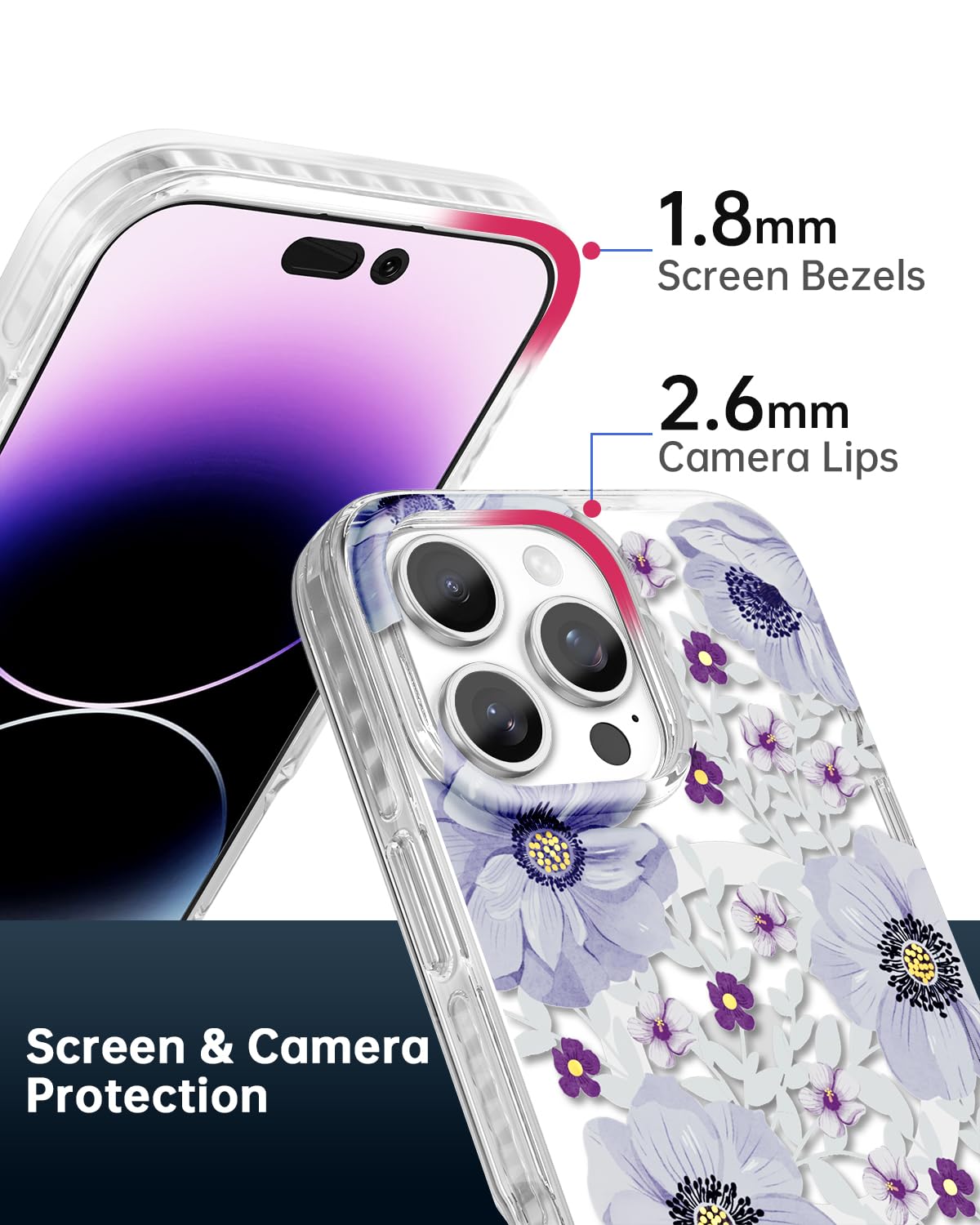 Scorpify For Iphone 16 Pro Case [Compatible With Magsafe] With Purple Anemone Floral Design, Cute Clear Flower Phone Magnetic Co
