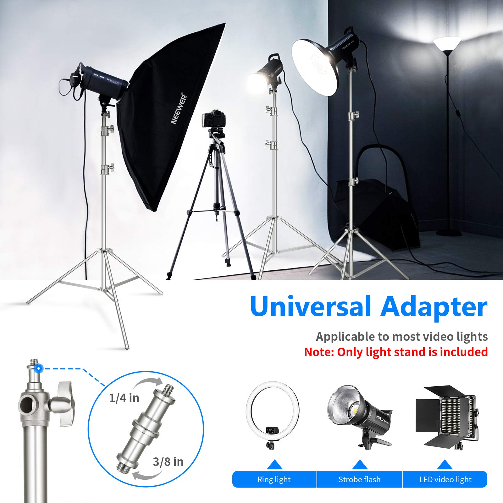 Neewer 118''/3M Stainless Steel Light Stand, Spring Cushioned Heavy Duty Photography Tripod Stand With 1/4    To 3/8    Universa