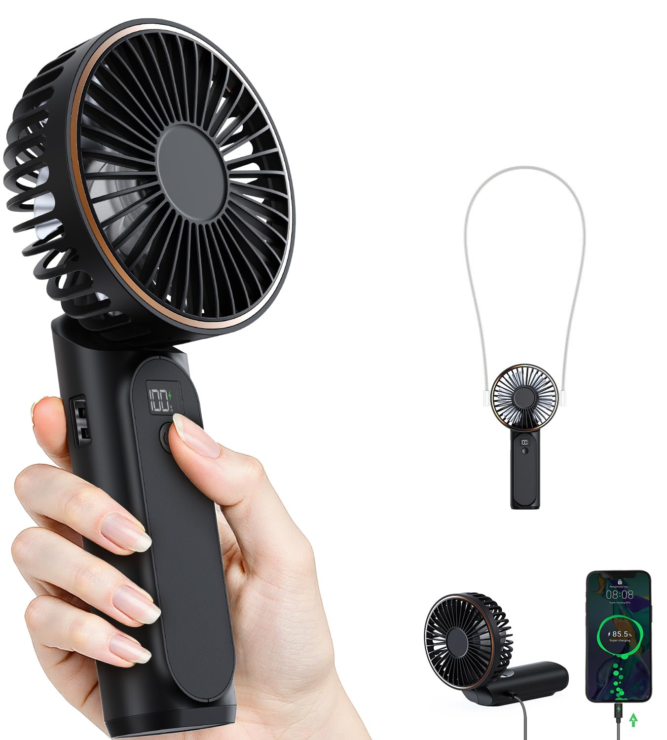 Tunise Portable Handheld Fan, Portable Fan Rechargeable, 4000Mah, 180    Adjustable, 6 Speed Wind, Display Electricity In Real T