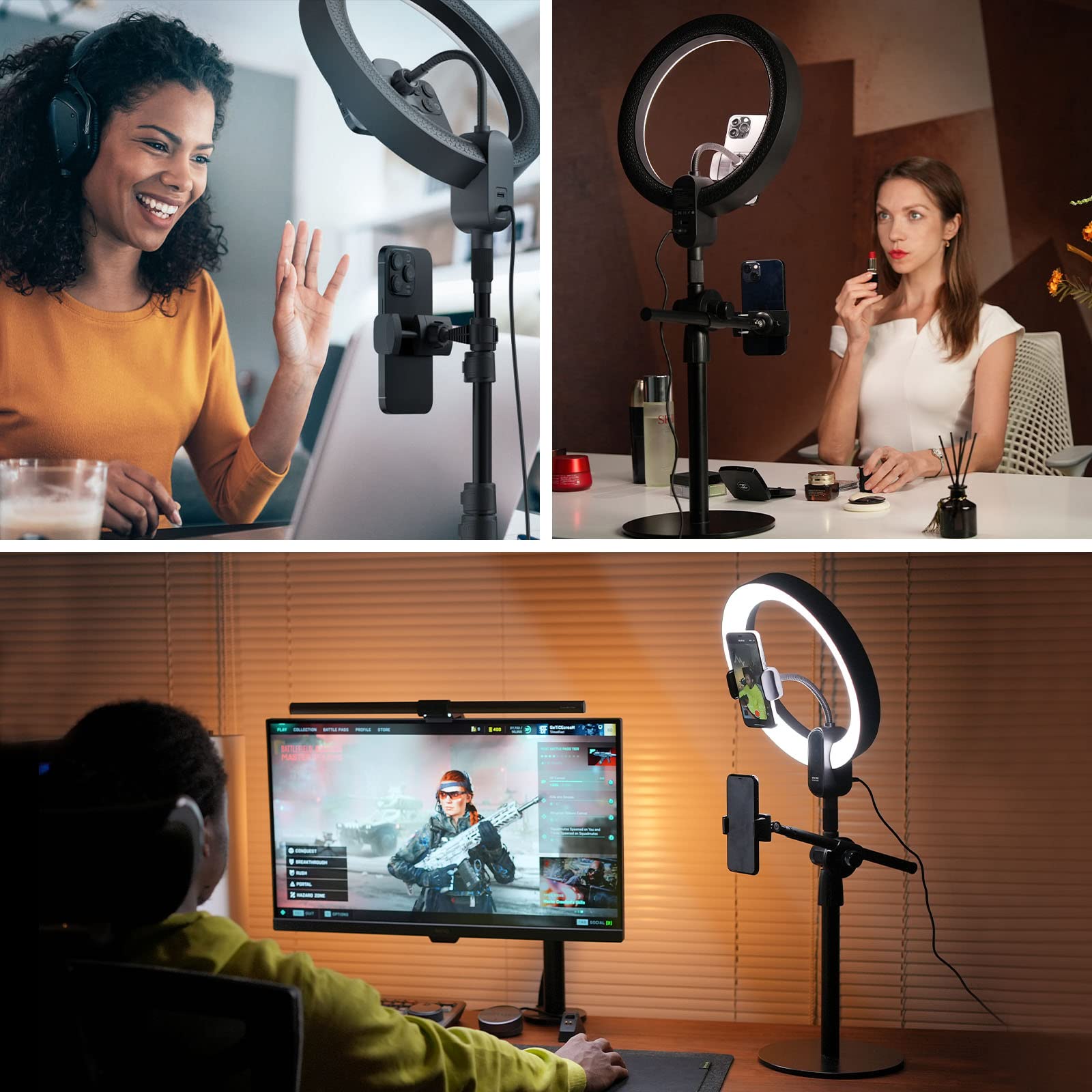 Supedesk 12'' Ring Light With Stand And Phone Holder,Overhead Phone Stand,2 Phone Holders,2700 6500K,3 Color Modes,10 Brightness