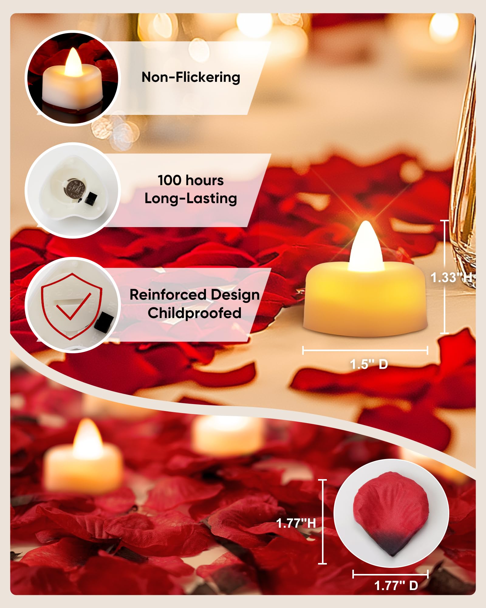 Amagic 4000 Pieces Artificial Rose Petals With 50 Heart Led Tea Lights Candles Kit, Rose Petals And Candles Set For Proposal, An