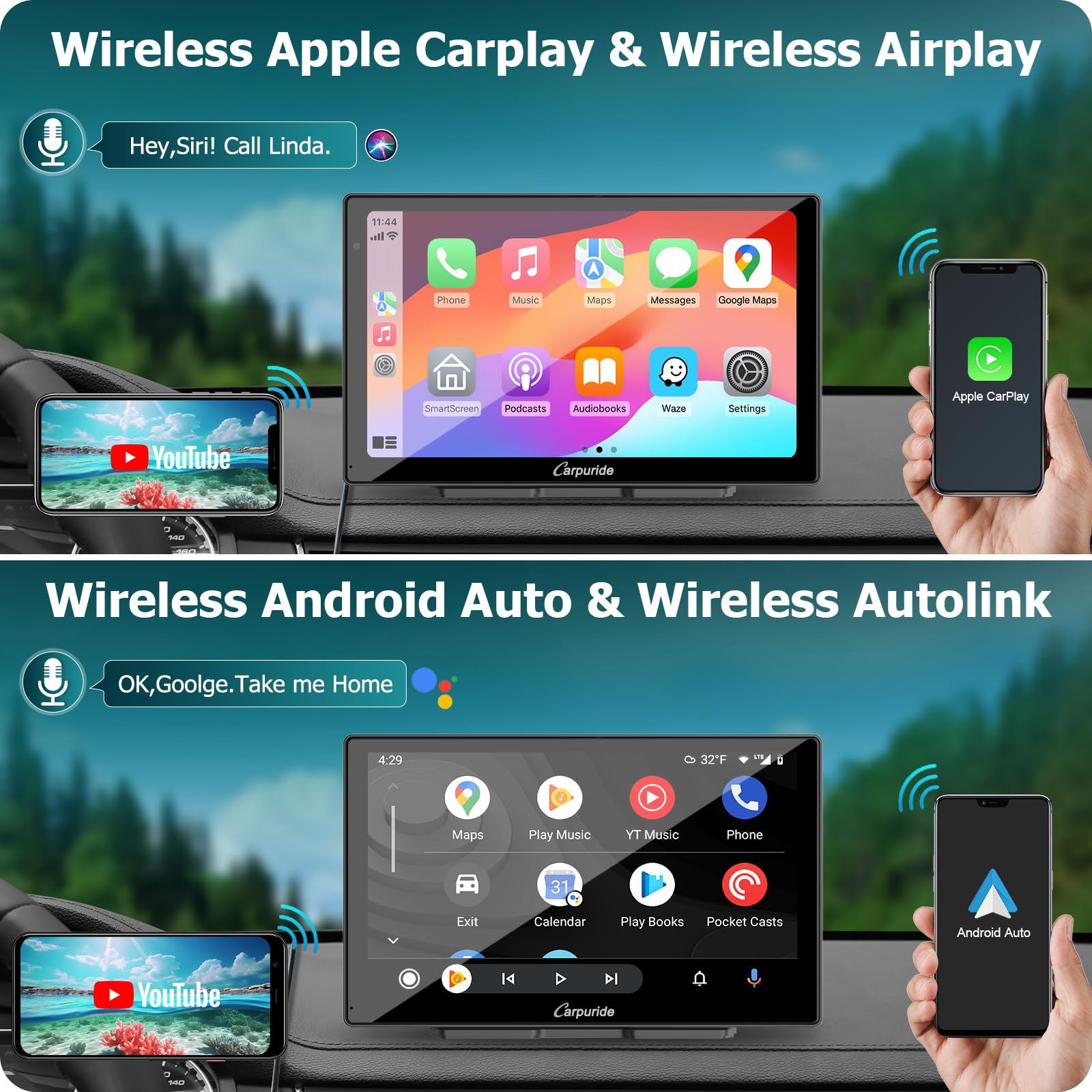 Carpuride W905 Portable Carplay & Android Auto, 9'' Touch Carplay Screen For Car, 4K Dash Cam,1080P Backup Camera, Car Play Navigation With Mirror Link/Siri/Fm/Bluetooth/Light Sensor