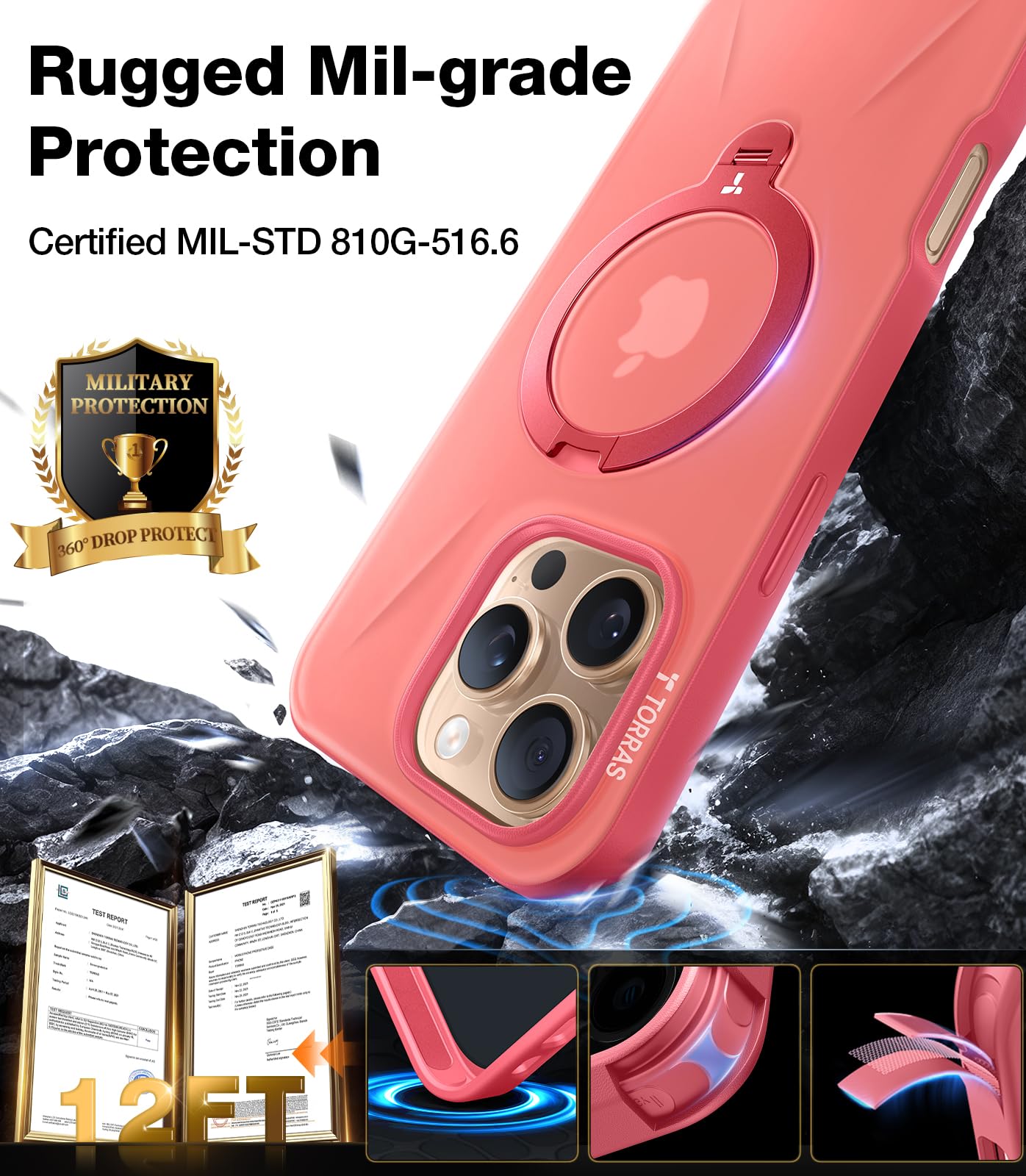 Torras Upgraded 360Spin Magnetic Stand For Iphone 16 Pro Case, Fit For Magsafe, Built In Kickstand & Ring Holder, Mil Grade Prot