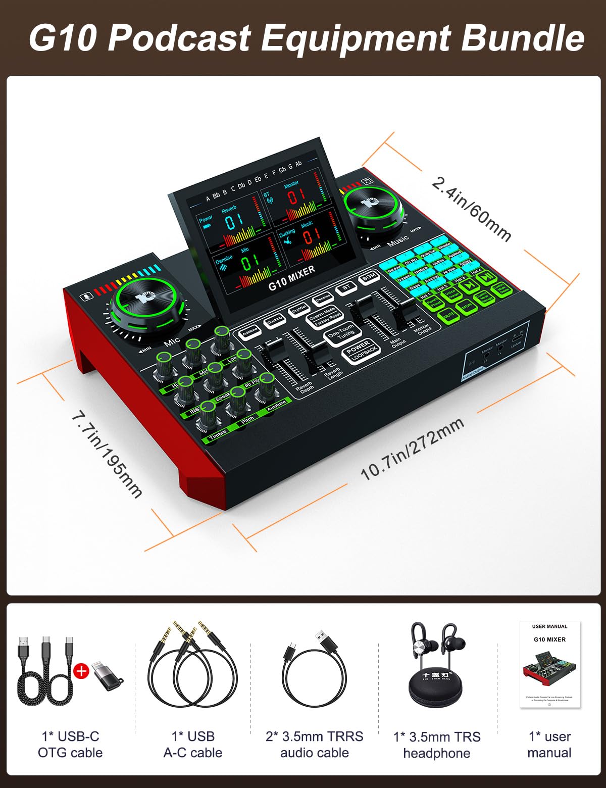 G10 Gaming Audio Mixer, Podcast Equipment, Live Sound Card For Streaming, 48V Phantom Power, Sound Board, Voice Changer, Audio M
