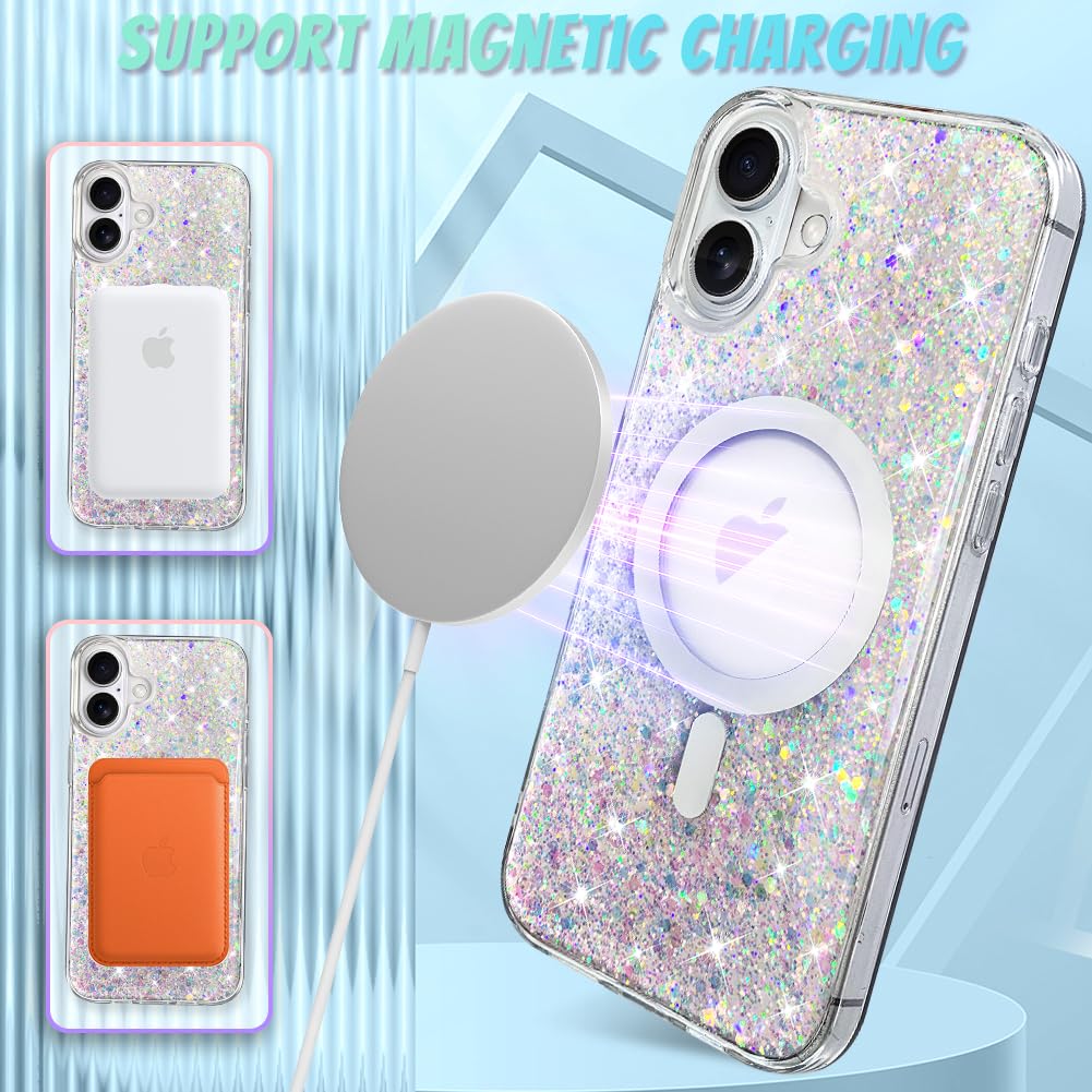 Bonoma For Iphone 16 Case, Sparkly Glitter Bling Back, Magnetic Support For Magsafe Shockproof Case, Crystal And Clear High Duty