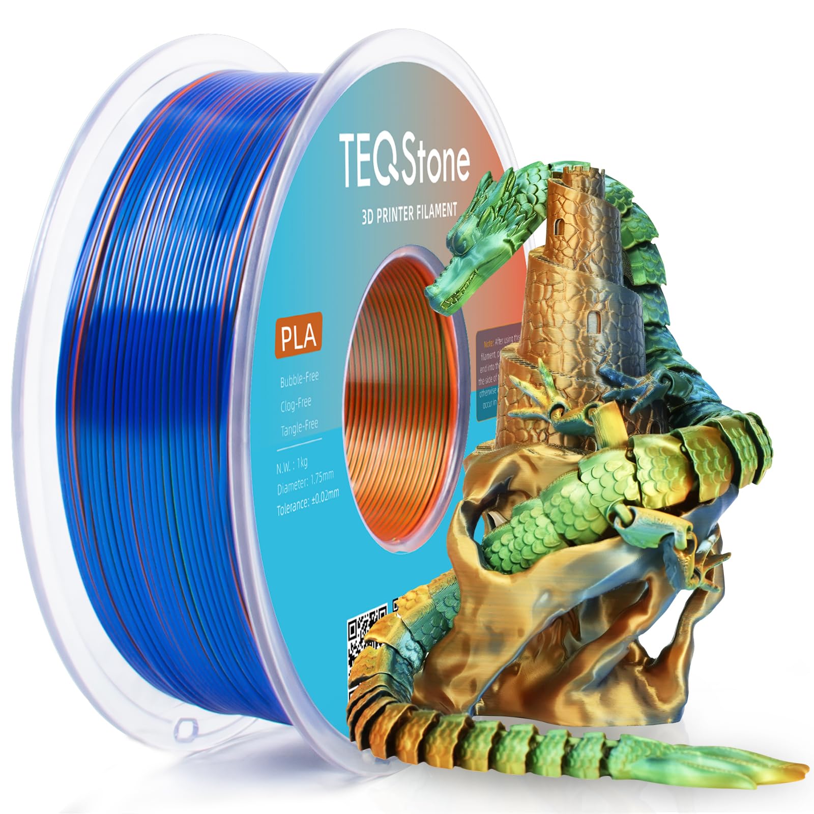 TEQStone Tri Color Silk PLA Filament 1.75mm Orange Blue Green 1KG, Shiny High Gloss Finish, Seamless Color Transition, Neatly Wo