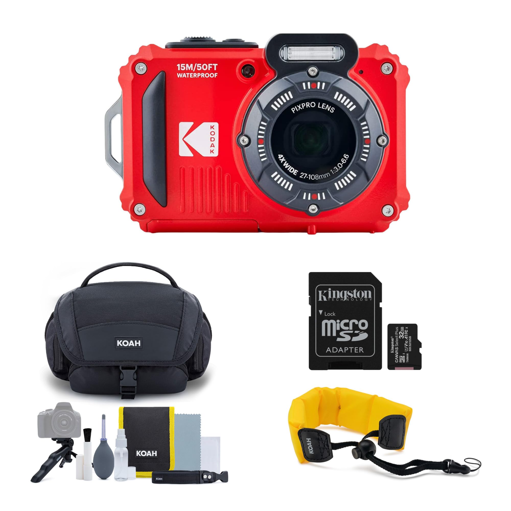 Kodak Pixpro Wpz2 Rugged Waterproof 16Mp Digital Camera With 4X Optical Zoom (Red) With Gadget Bag And Accessory Kit, 32Gb Uhs I