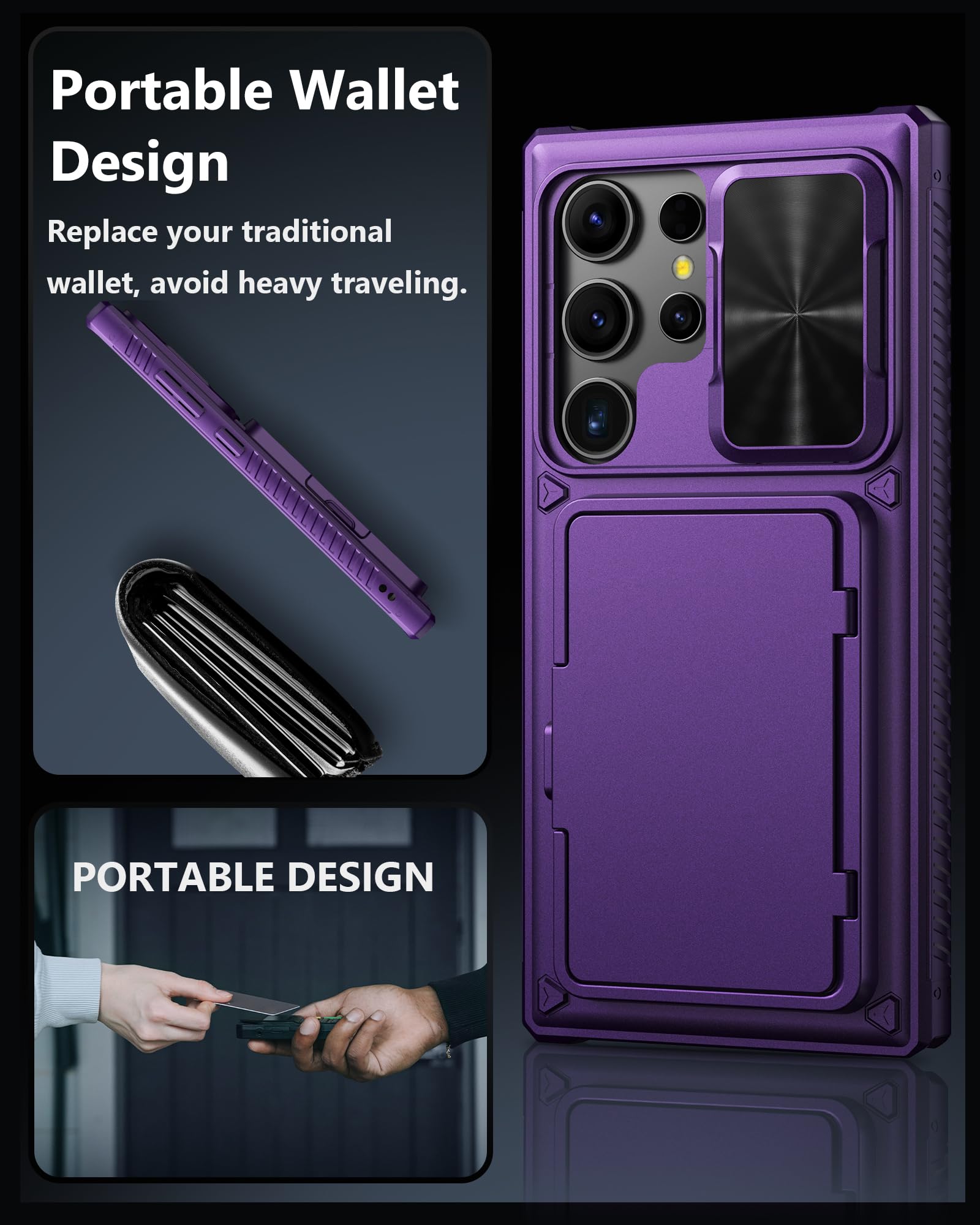 Atatoo For Samsung Galaxy S24 Ultra Case With Card Holder (Store 4 5 Cards) & Slide Lens Cover & Stand, [Military Grade Drop Pro