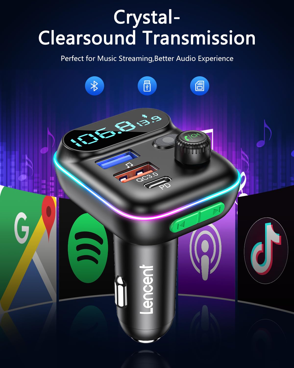 Lencent Fm Transmitter In Car Adapter, Wireless Bluetooth 5.0 Radio Car Kit,Type C Pd + Qc3.0 Fast Usb Charger, Hands Free Calli