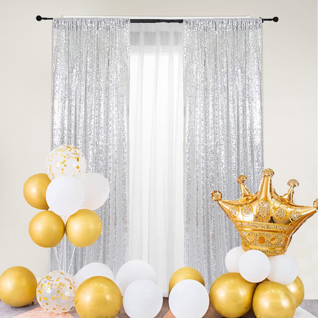 Partydelight Silver 2Ft X 8Ft Sparkly Sequin Backdrop Curtains, 2 Panels, For Wedding, Party, Room Decorations.