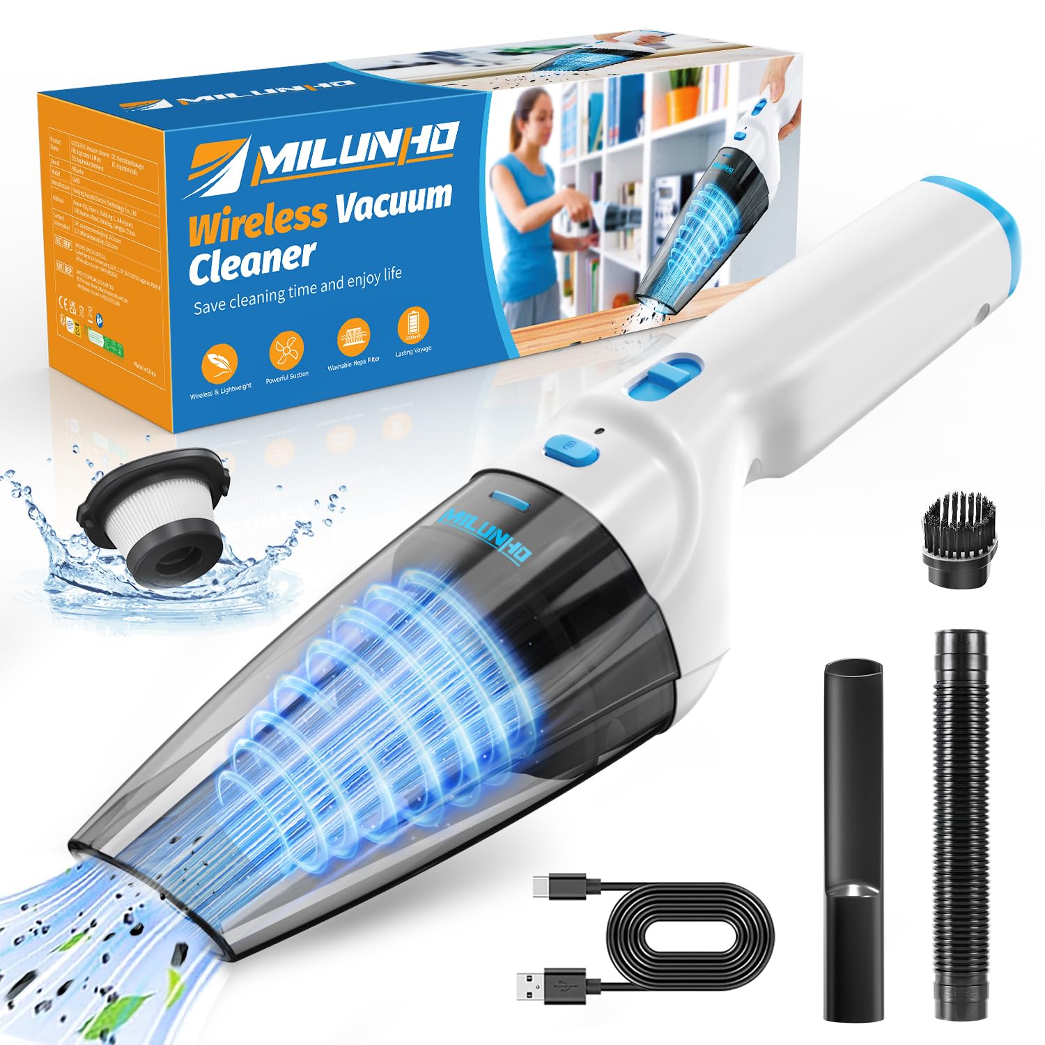 Milunho Handheld Vacuum Cordless, 9500Pa Car Vacuum Portable Cordless With Powerful Suction, Lightweight & Portable Handheld Vac