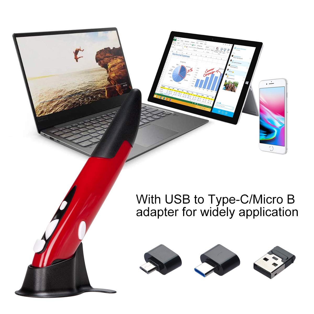 Lychee Wireless Optical Pocket Pen Mouse, 2.4Ghz Usb Wireless Optical Pen Mouse 800/1200/1600 Dpi Adjustable Handwriting Mini Mi