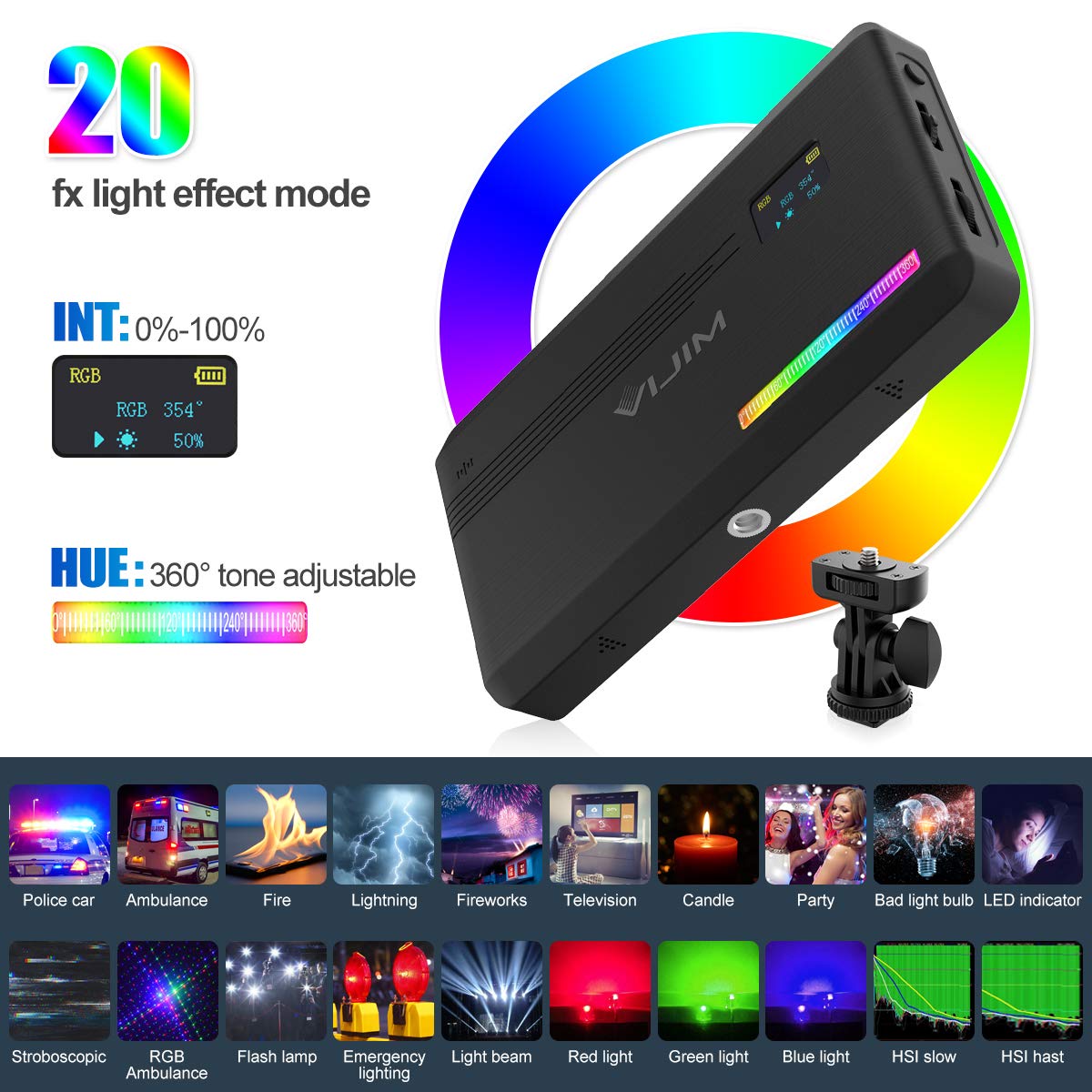 Vijim Vl196 Rgb Led Video Light With Adjustable Stand,Dimmable 2500K-9000K Full Color 20 Lighting Effect Modes Camera Led Lights