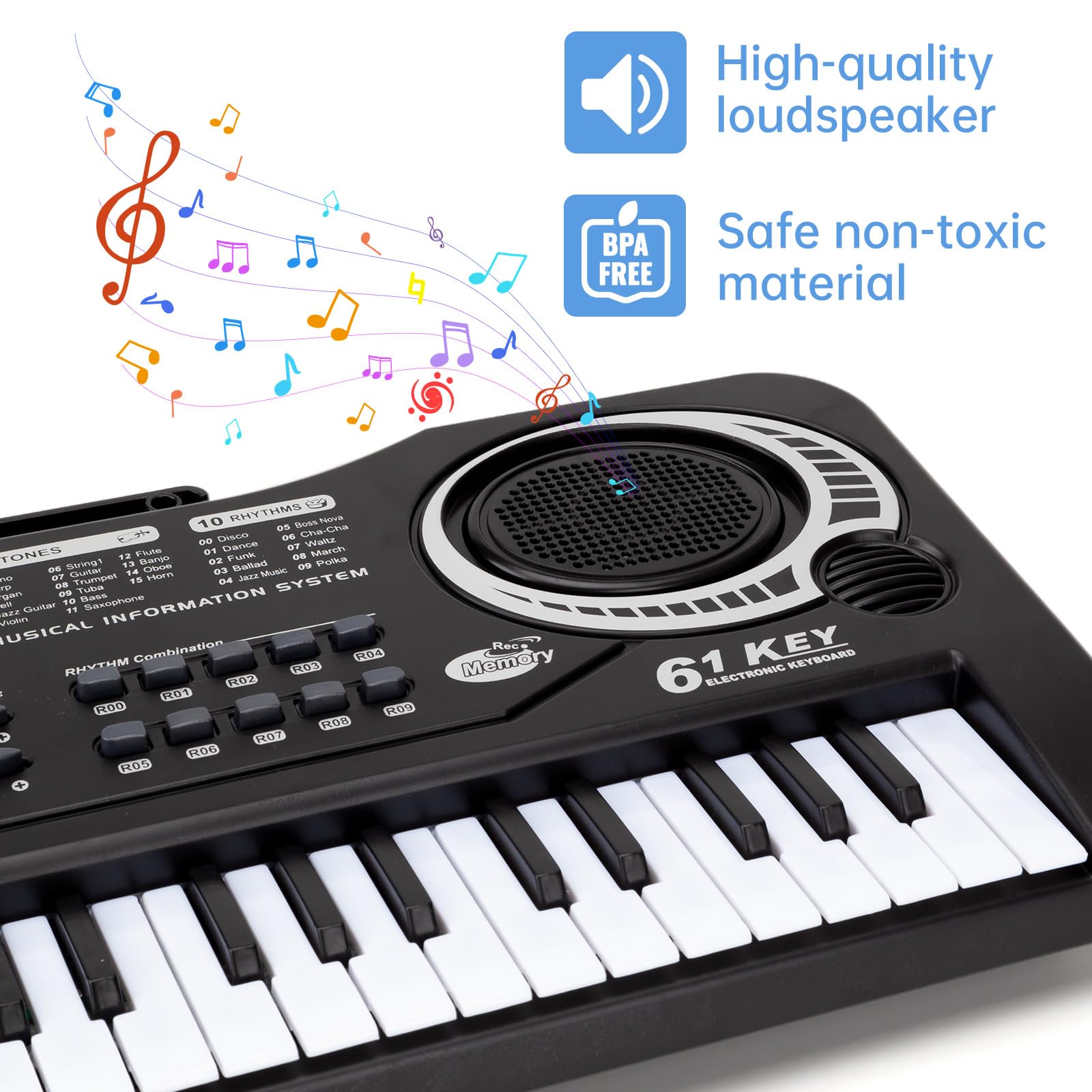61 Key Piano Keyboard For Kids, Electronic Music Toy For Beginners, 16 Tones, 10 Rhythms, 6 Demos, Built-In Recording, Perfect C
