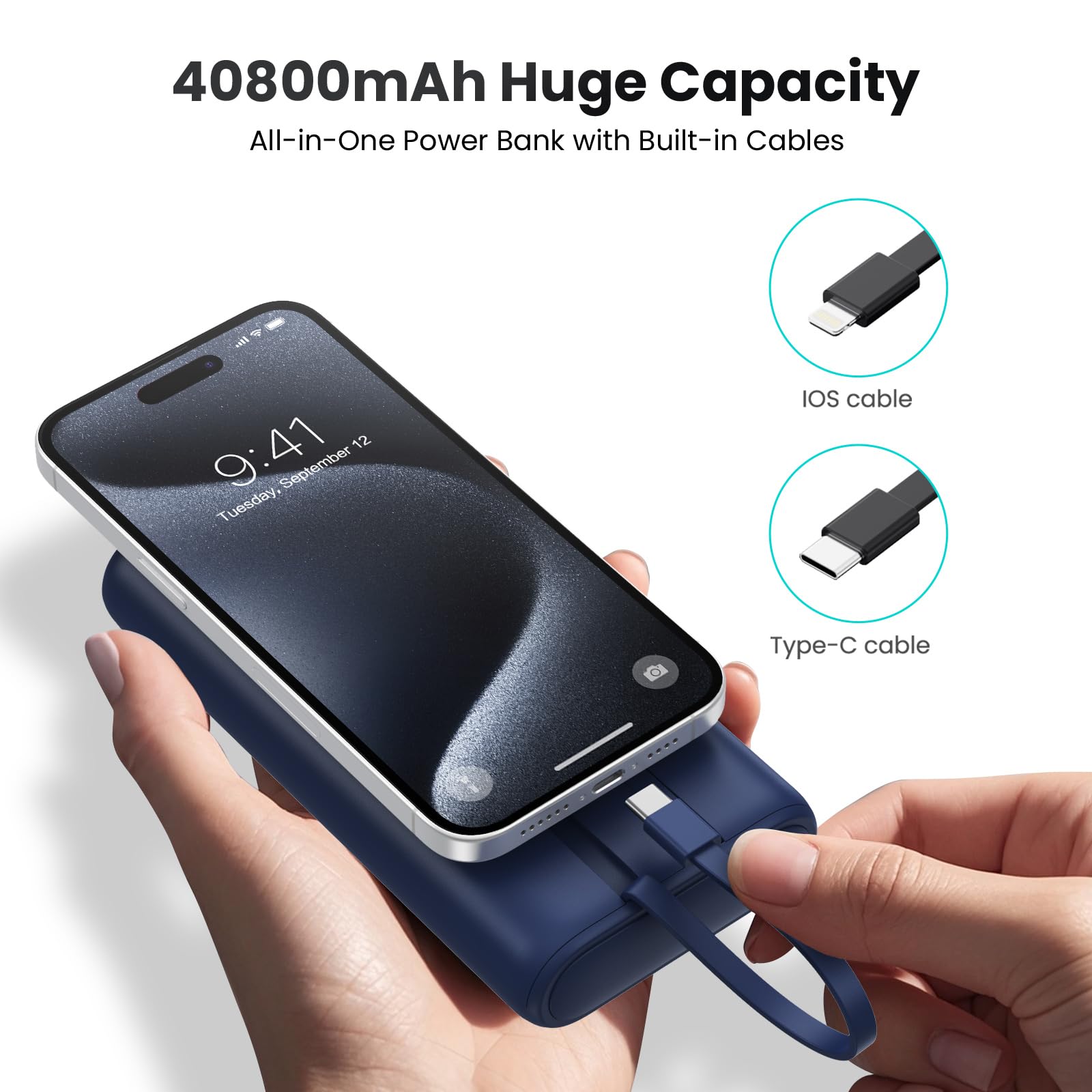 Portable Charger 40,800Mah Power Bank 25W Portable Battery Pack With 2 Built In Cables [2024 Upgraded], Pd Qc4.0 Fast Charging P