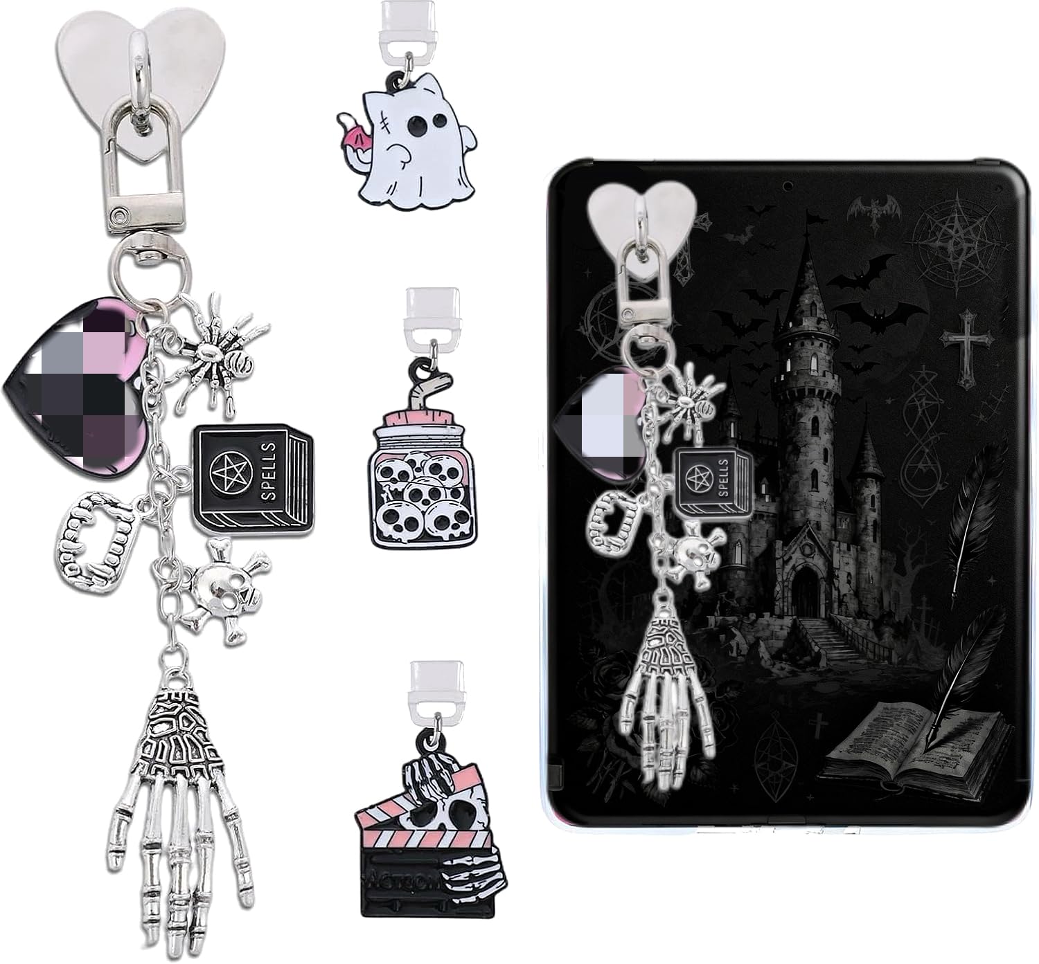 TAKEALOOKO Halloween Dust Plug Charm Chains for Kindle - 4Pcs Cute Ghost Skull Type C Dustplug & Chain Bracelet Strap Decorating