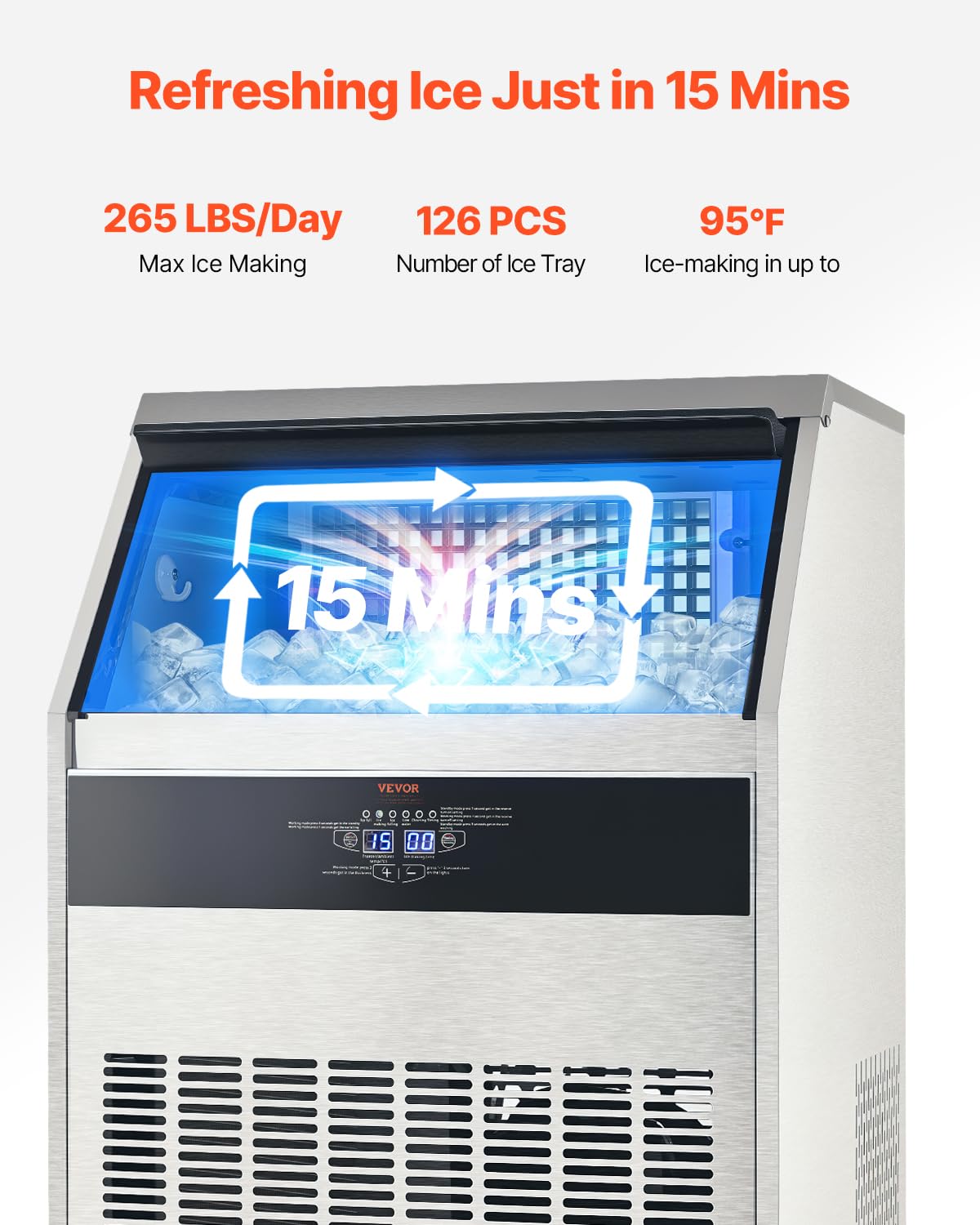 Vevor Commercial Ice Maker Machine, 265Lbs/24H Ice Maker Machine With 88Lbs Storage Capacity, 126 Ice Cubes In 15 Minutes, Led D