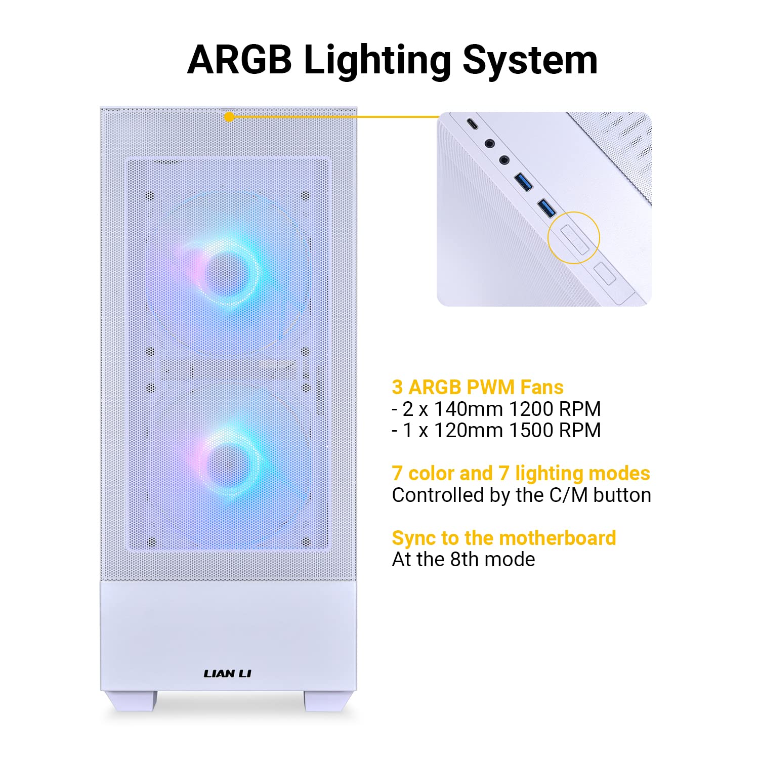 Lian Li High Airflow Mid Tower Atx Pc Case With Rgb Fans, Tempered Glass Side Panel, Usb C Port (Lancool 205 Mesh C, White)