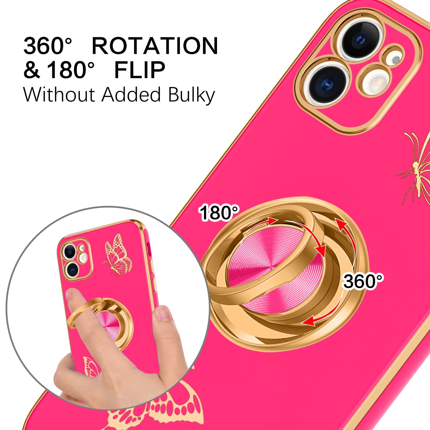 Bentoben For Iphone 11 Case, Phone Case Iphone 11, Slim Fit Gold Butterfly Design Kickstand Ring Holder Shockproof Protection So