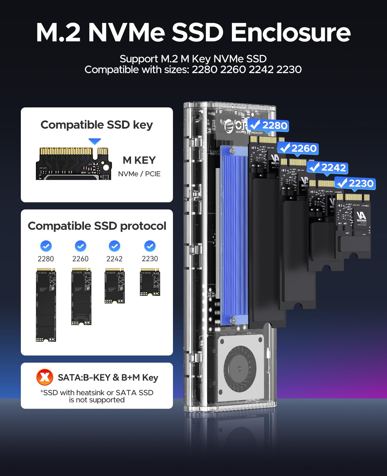 Orico 40Gbps M.2 Nvme Ssd Enclosure With Built In Cooling Fan, Tool Free External Hard Drive Enclosure, Support 2230 2242 2260 2