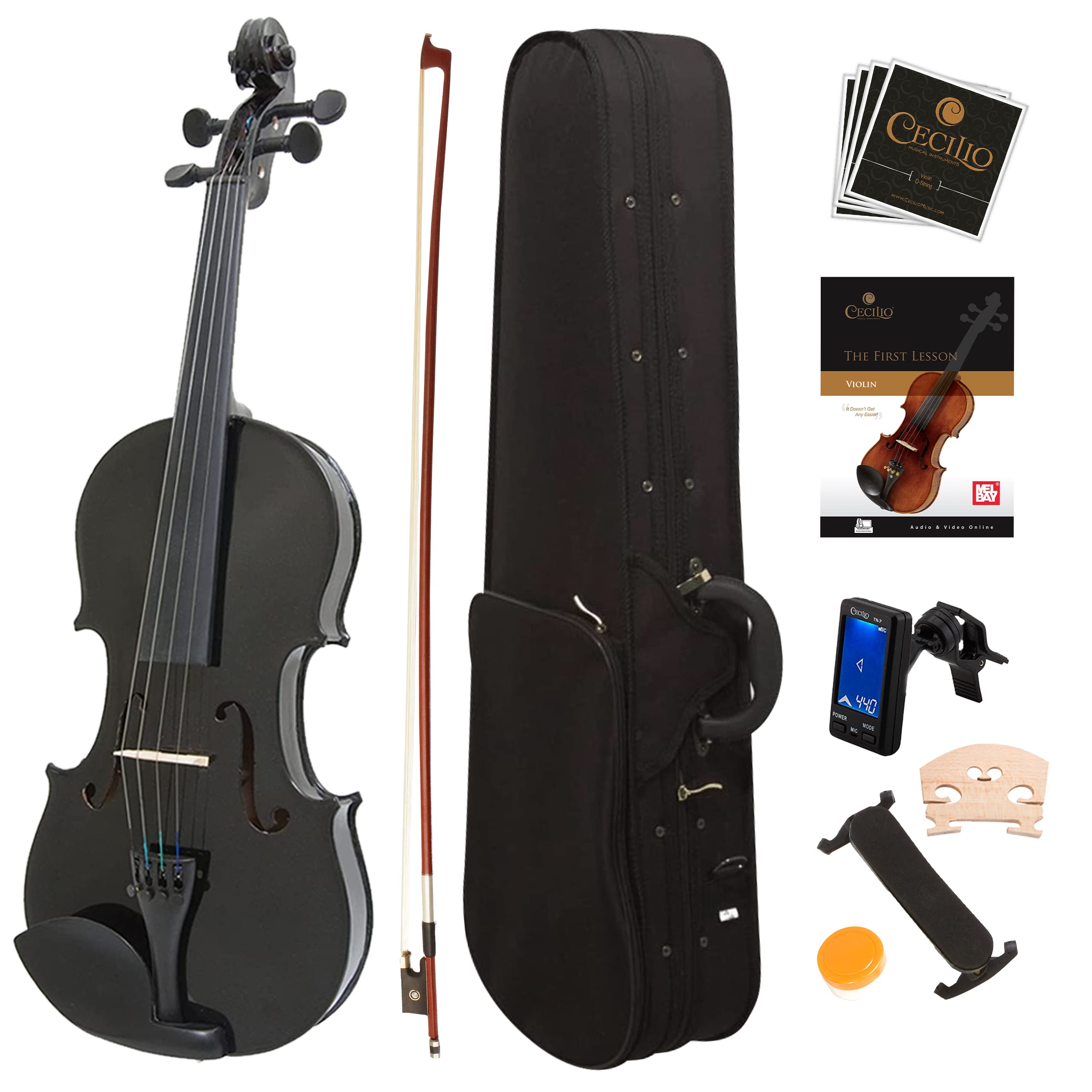 Mendini By Cecilio Violin For Kids & Adults   4/4 Mv Metallic Black Violins, Student Or Beginners Kit W/Case, Bow, Extra Strings