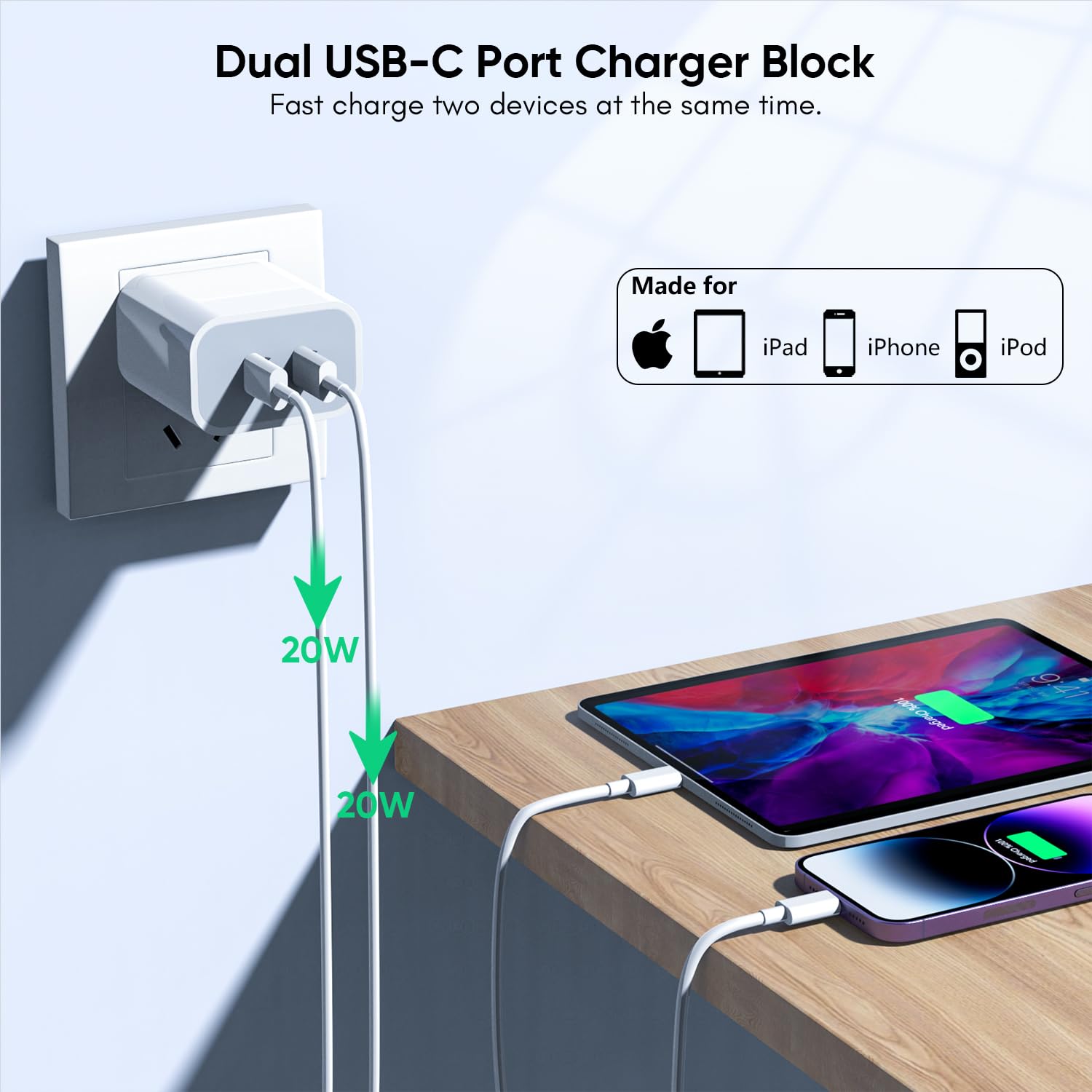 Iphone Charger [Apple Certified] 2Pack Pd Dual Usb C Charger Block Fast Charging Wall Charger Plug With 10Ft Long Rapid Type C