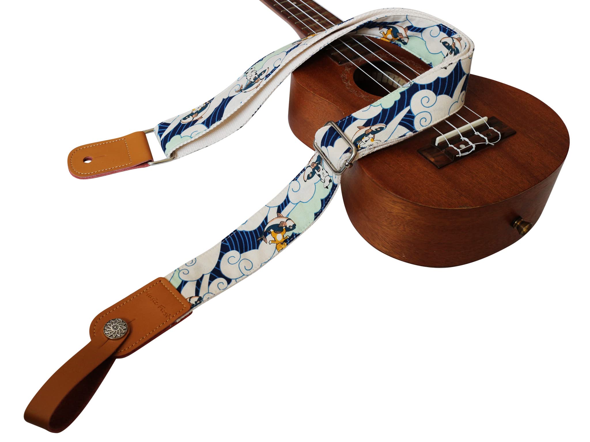 Music First Original Design Vintage Ukiyoe Style Surfing Cat Soft Muslin & Genuine Leather Ukulele Strap Ukulele Shoulder Strap