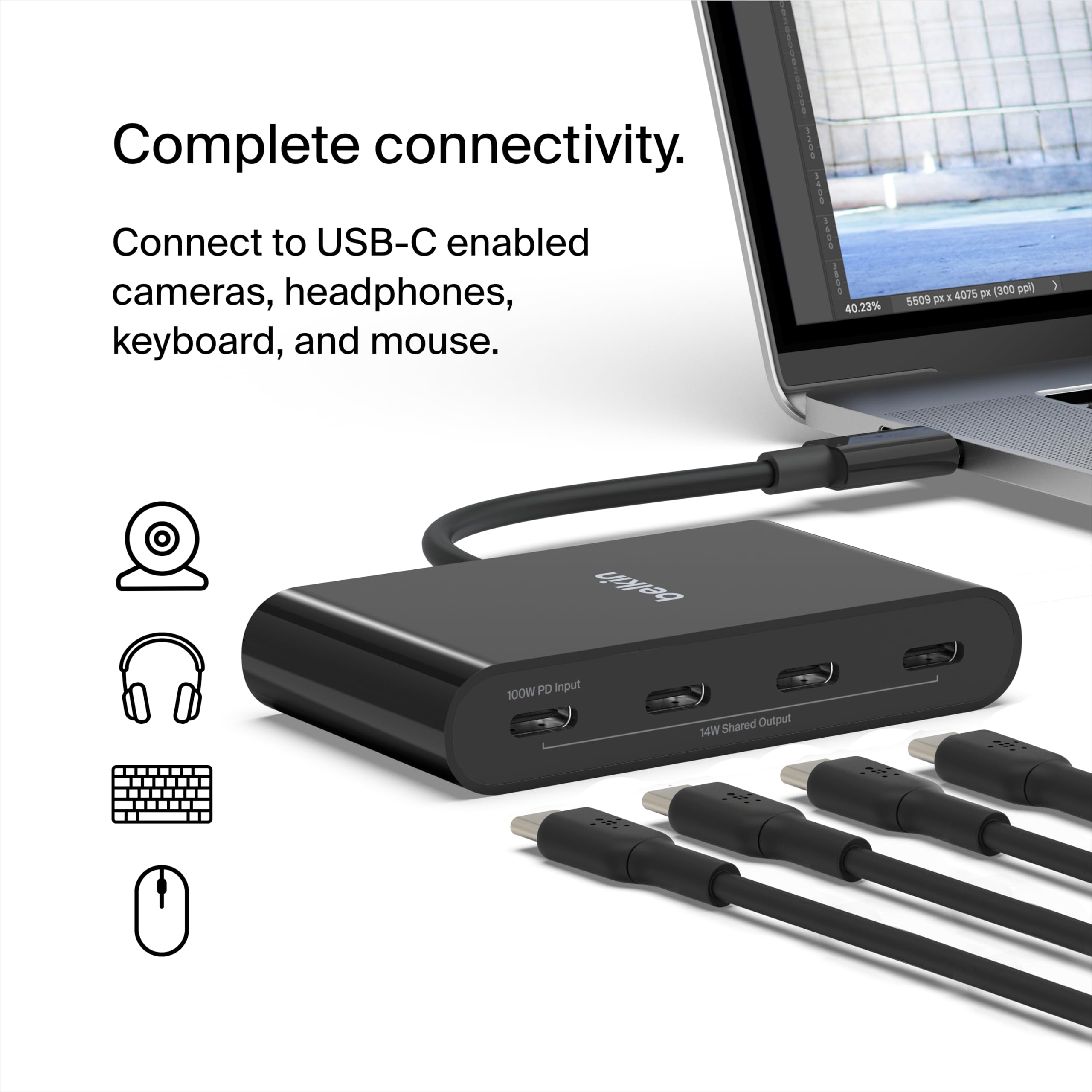 Belkin USB-C 4-Port Hub, 100W PD, 10Gbps Data Transfer, Black, Model AVC018btBK