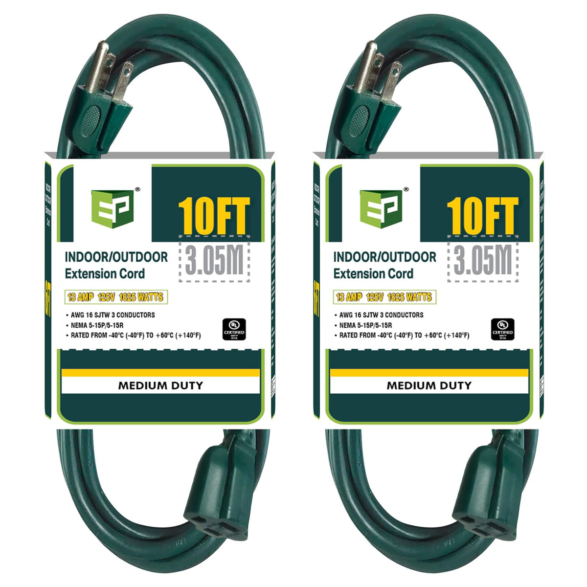 Ep 2 Pack 10 Ft Outdoor Extension Cord   16/3 Sjtw Durable Green Electrical Cable With 3 Prong Grounded Plug