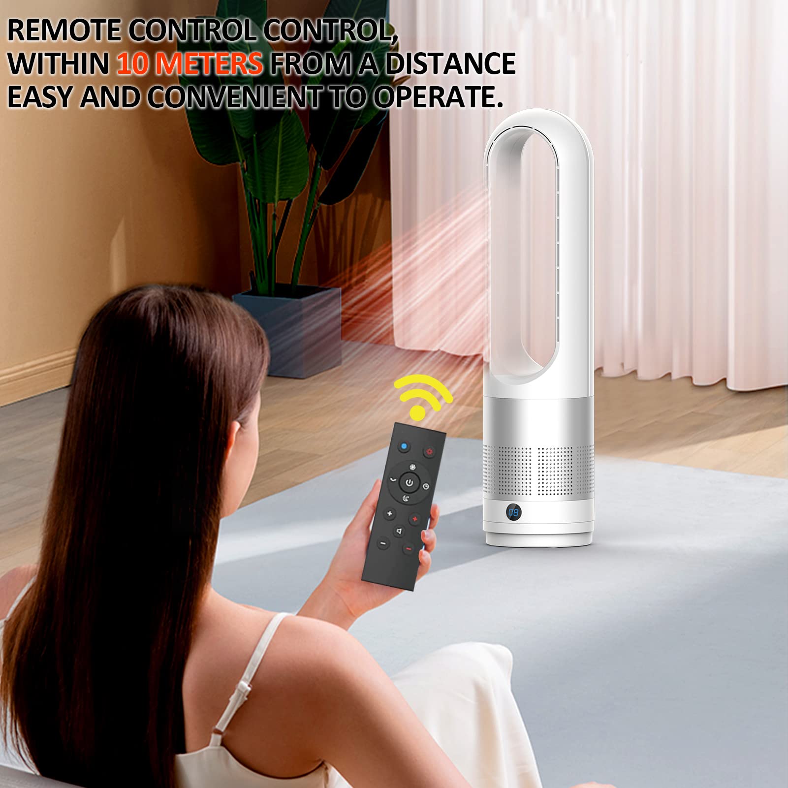 Bladeless Tower Fan, 1400W Space Heater & 40W Cooler Fan Combo With Remote, 80Oscillation, 8 Speeds And 3 Heating Modes, 9H Time