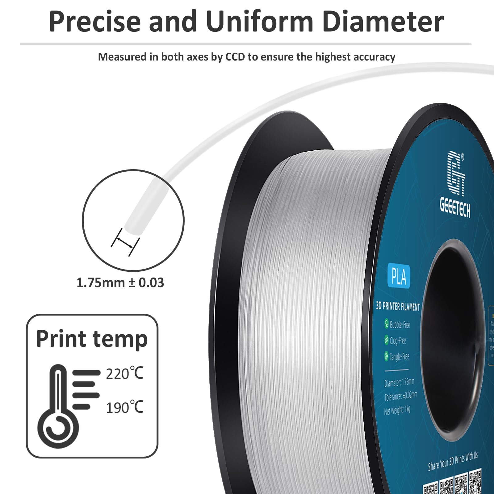 Geeetech Clear Pla Filament 1.75Mm, Excellent Transparency, Neatly Wound 3D Printer Filament 1Kg(2.2Lbs), Dimensional Accuracy +