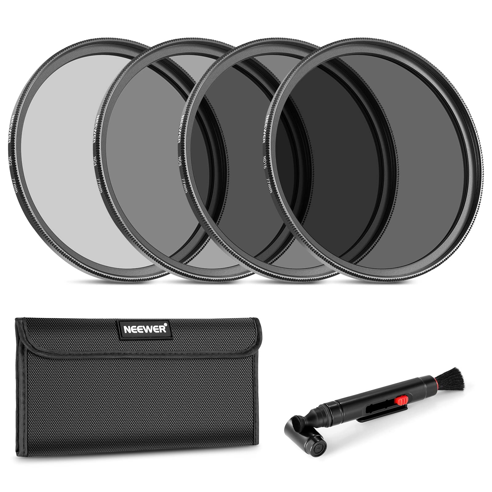 NEEWER 77mm ND Lens Filter Kit: ND2 ND4 ND8 ND16, Lens Cleaning Pen, Filter Pouch Neutral Density and Accessory Kit Compatible w