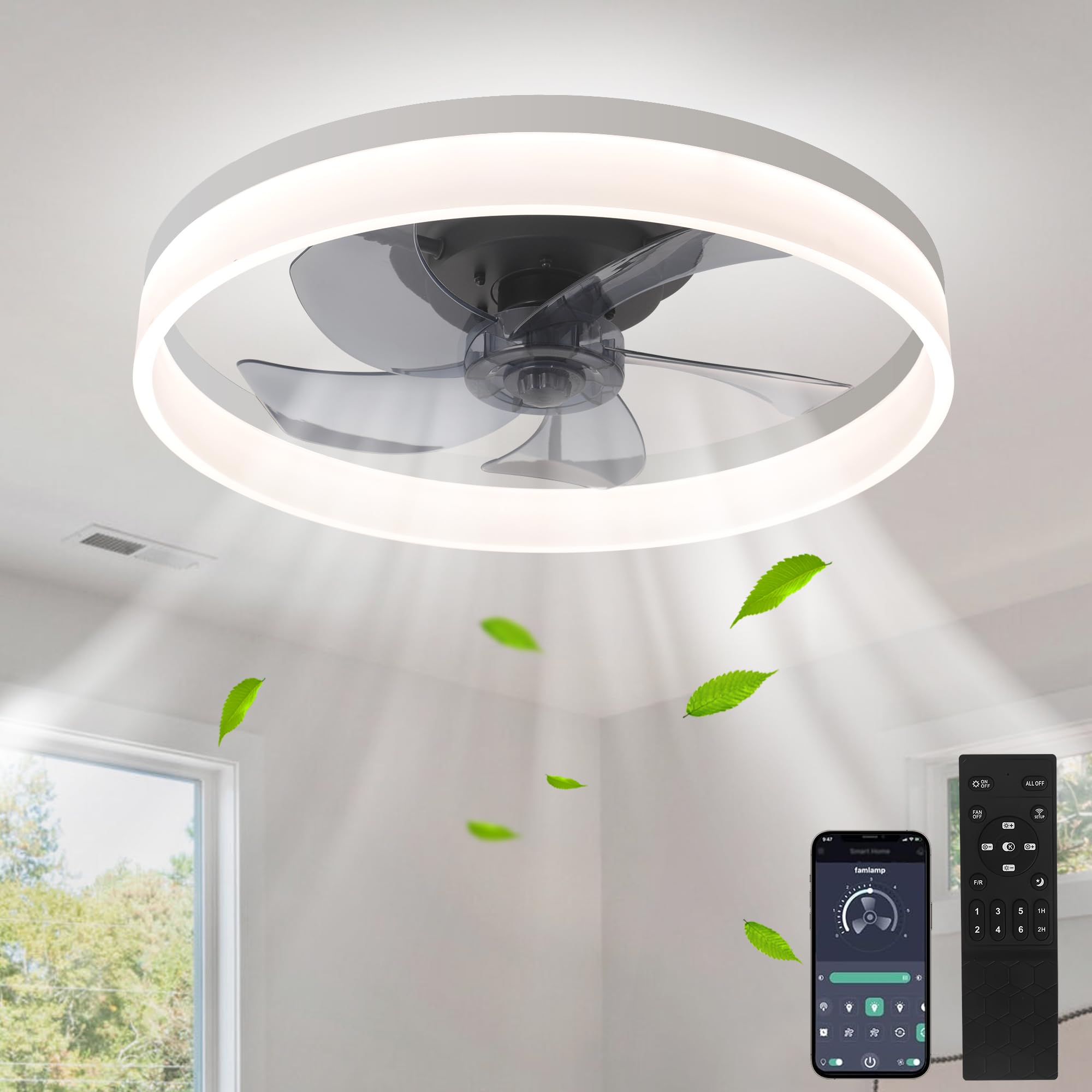 Aomohk Low Profile Ceiling Fans With Lights And Remote, 20'' White Flush Mount Ceiling Fan With Light, 3000K 6500K Dimmable Blad