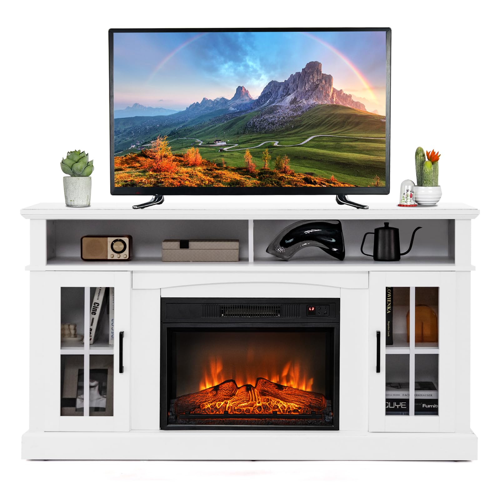 Costway Electric Fireplace Tv Stand For Tvs Up To 65 Inches, 1400W Heater Insert With Remote Control, 6H Timer, 3 Level Flame, Overheat Protection And Csa Certification, Adjustable Shelves, White