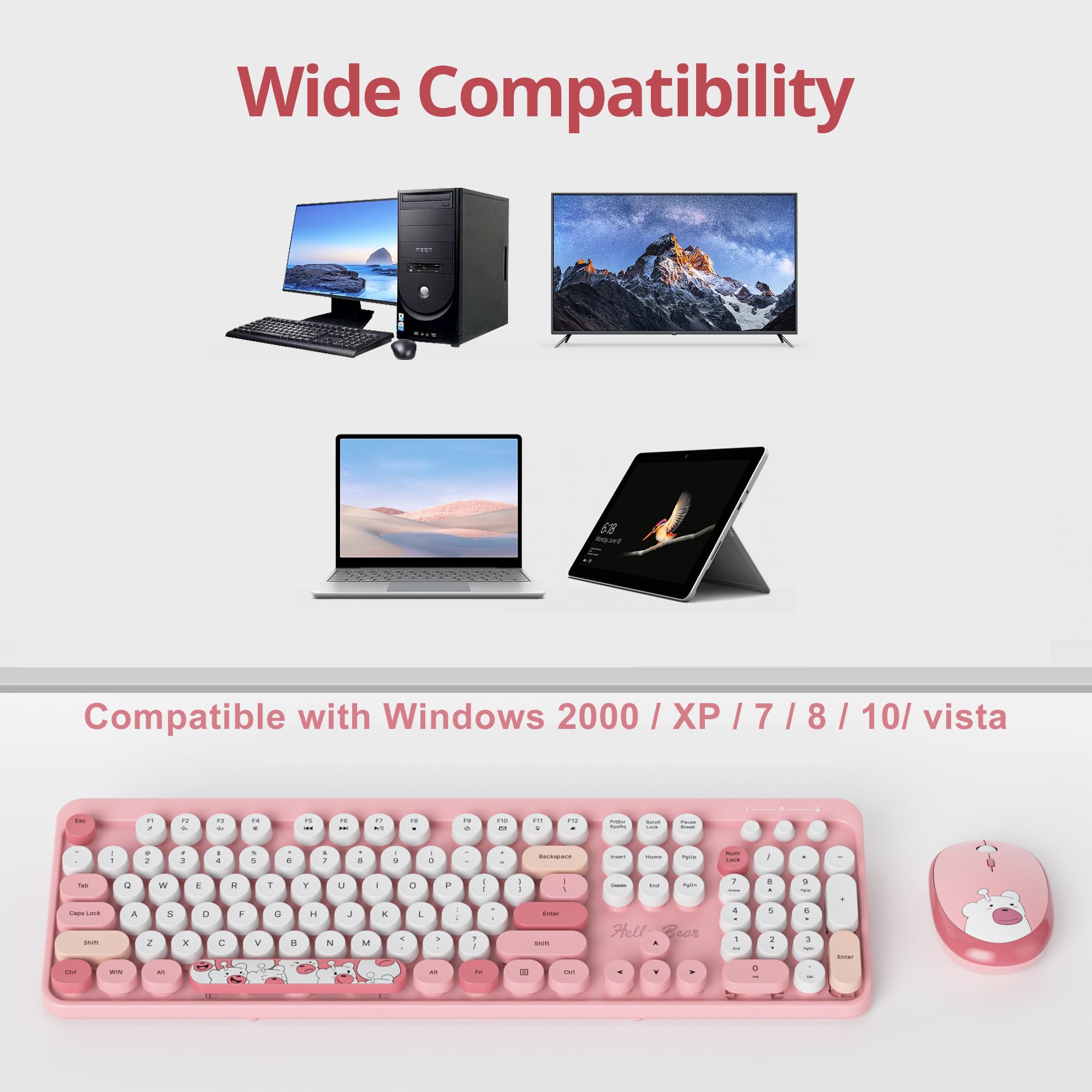 Fogruaden Wireless Keyboard And Mouse Combo, Pink Retro Typewriter Keyboard, 2.4Ghz Full Size Round Keycap Cute Computer Keyboar