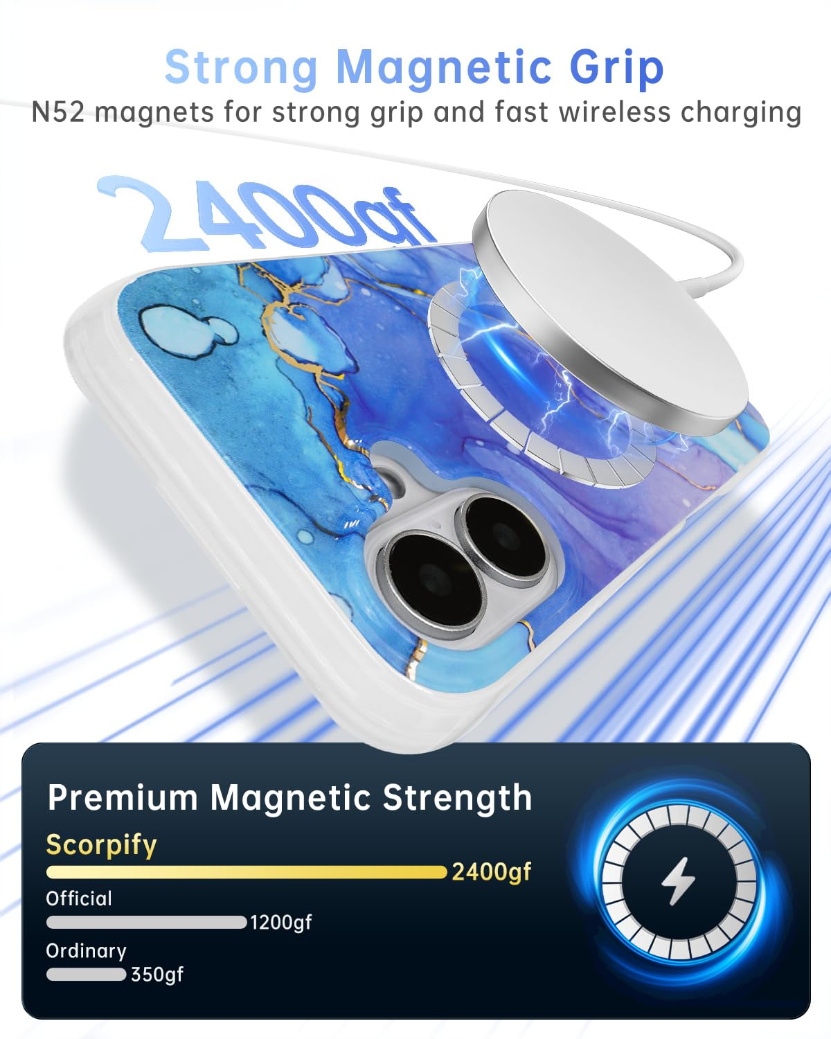 Scorpify For Iphone 16 Case [Compatible With Magsafe] With Fantasy Blue Marble Design, Cute Magnetic Phone Cover For Women Girls