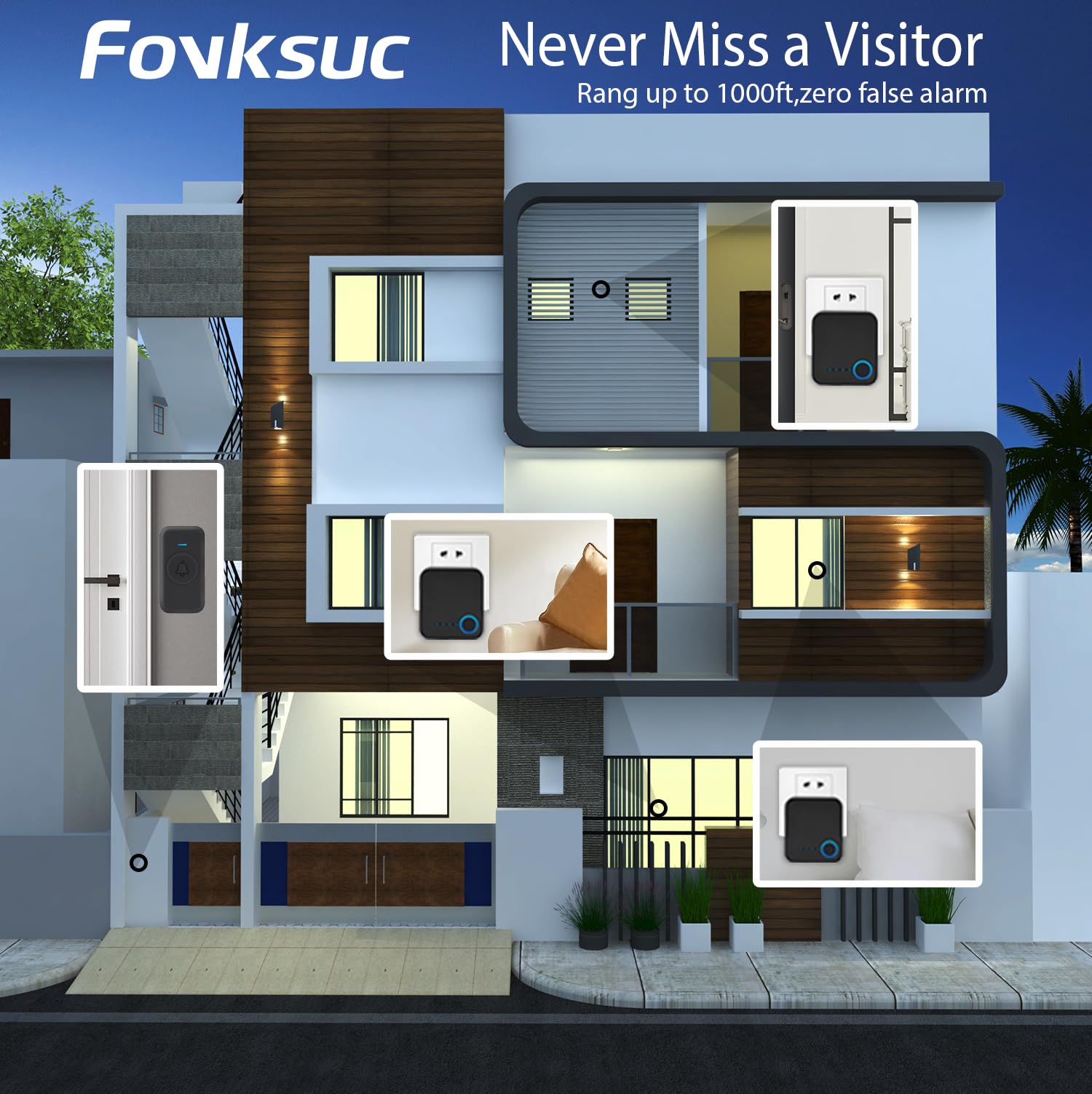 Fovksuc Wireless Doorbell, Door Bell Kits With 3 Receivers +2 Waterproof Buttons, 60 Chimes 5 Levels Volume And Mute Mode & Led