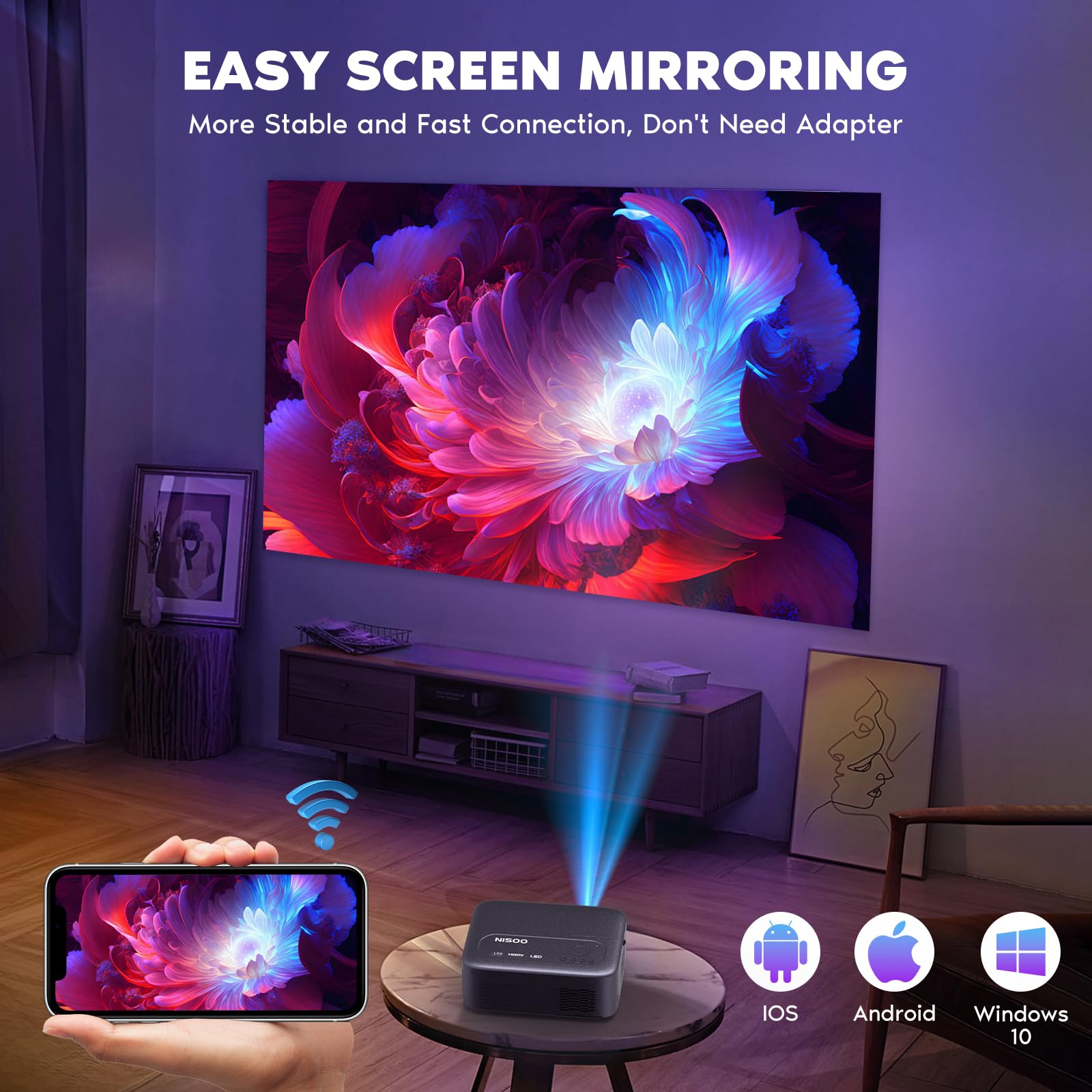 ?Electric Focus?Nisoo Native 1080P Projector, 4K Portable Projector With 700 Ansi, Projector With Wifi And Bluetooth, Zoom Funct